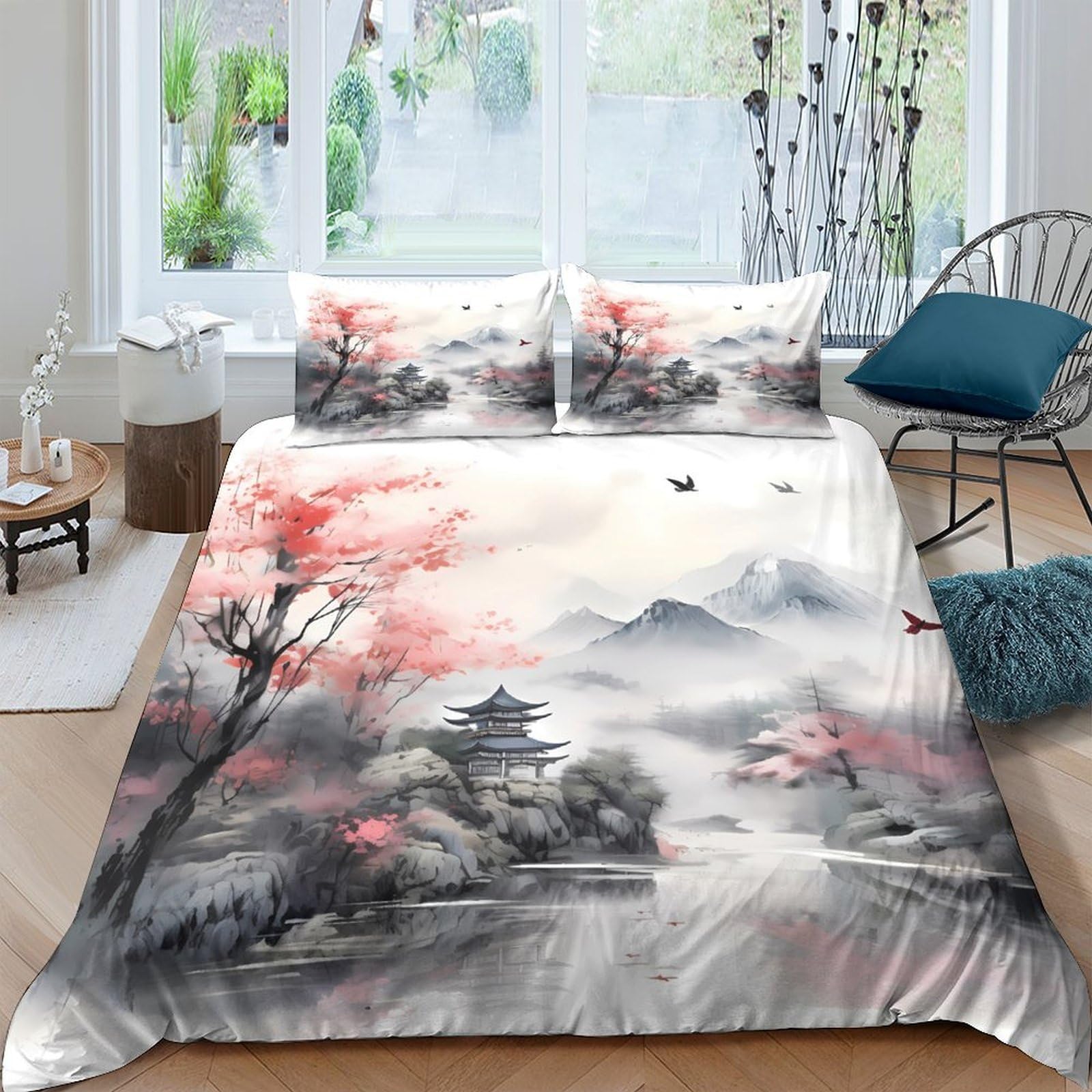 Ctjqhvkz Style-7 3D Printed Oriental Landscape Fitted Sheet Microfiber Soft Bedroom Decor Red Blossom Bed Cover For Home Dorm Single（135X200cm）