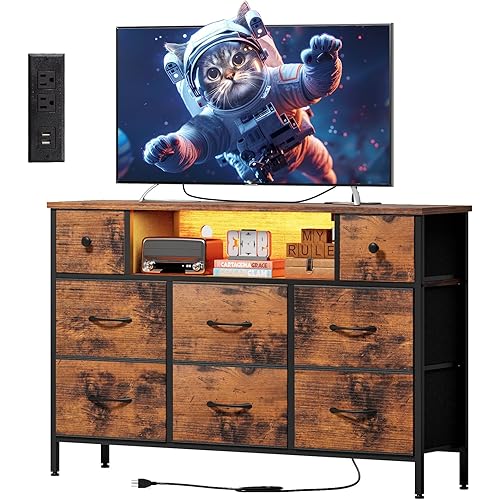 Fixwal Dresser for Bedroom with Power Outlets and LED Lights, Rustic Brown 55" TV Stand with 8 Drawers, Fabric Chest of Drawers with Wood Grain Finish for Entryway