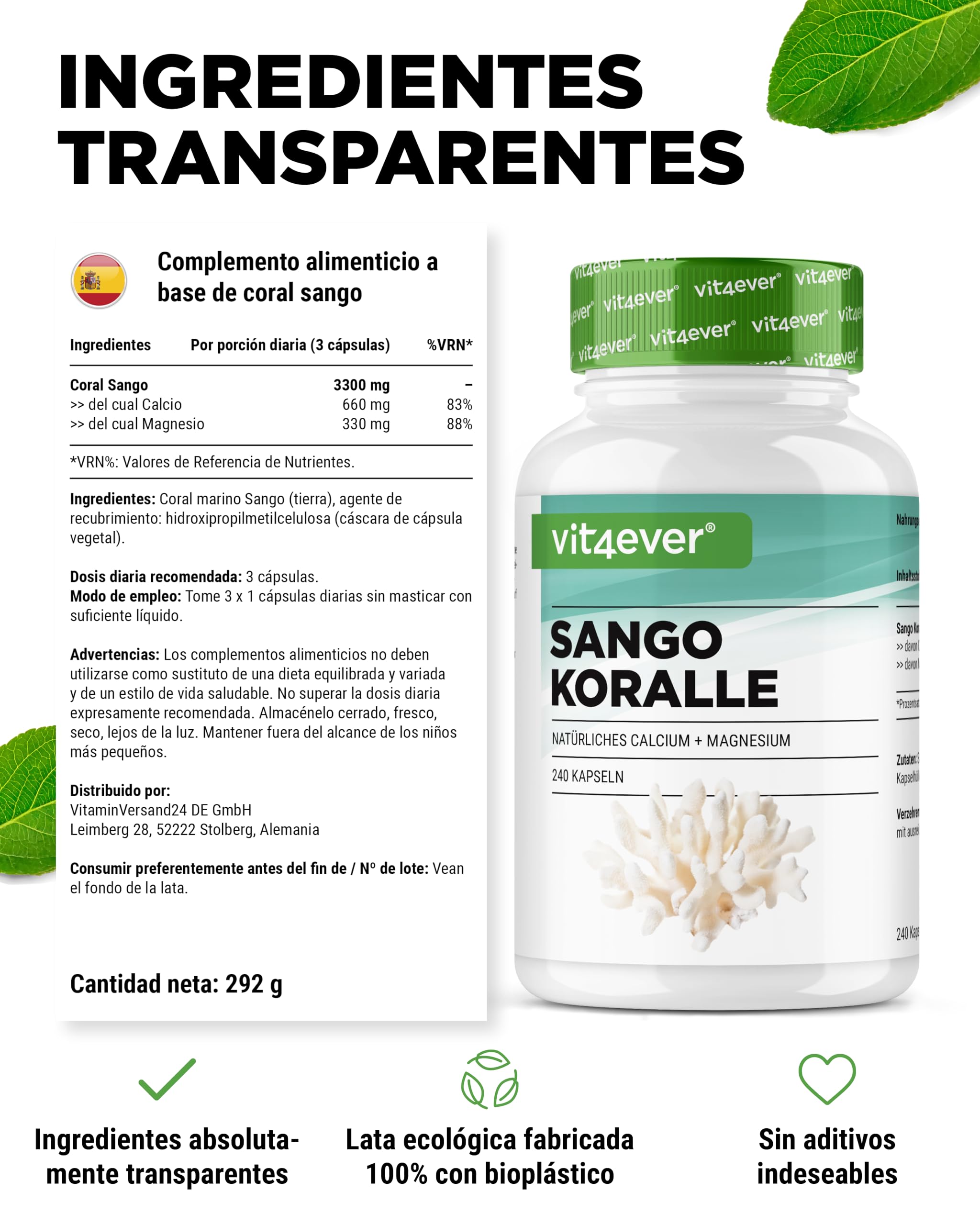 vit4ever Coral Marino Sango - 240 Cápsulas (3 Meses) - 660 mg de Calcio y 330 mg de Magnesio - Fuente natural de Calcio y Magnesio - Alta Dosificación