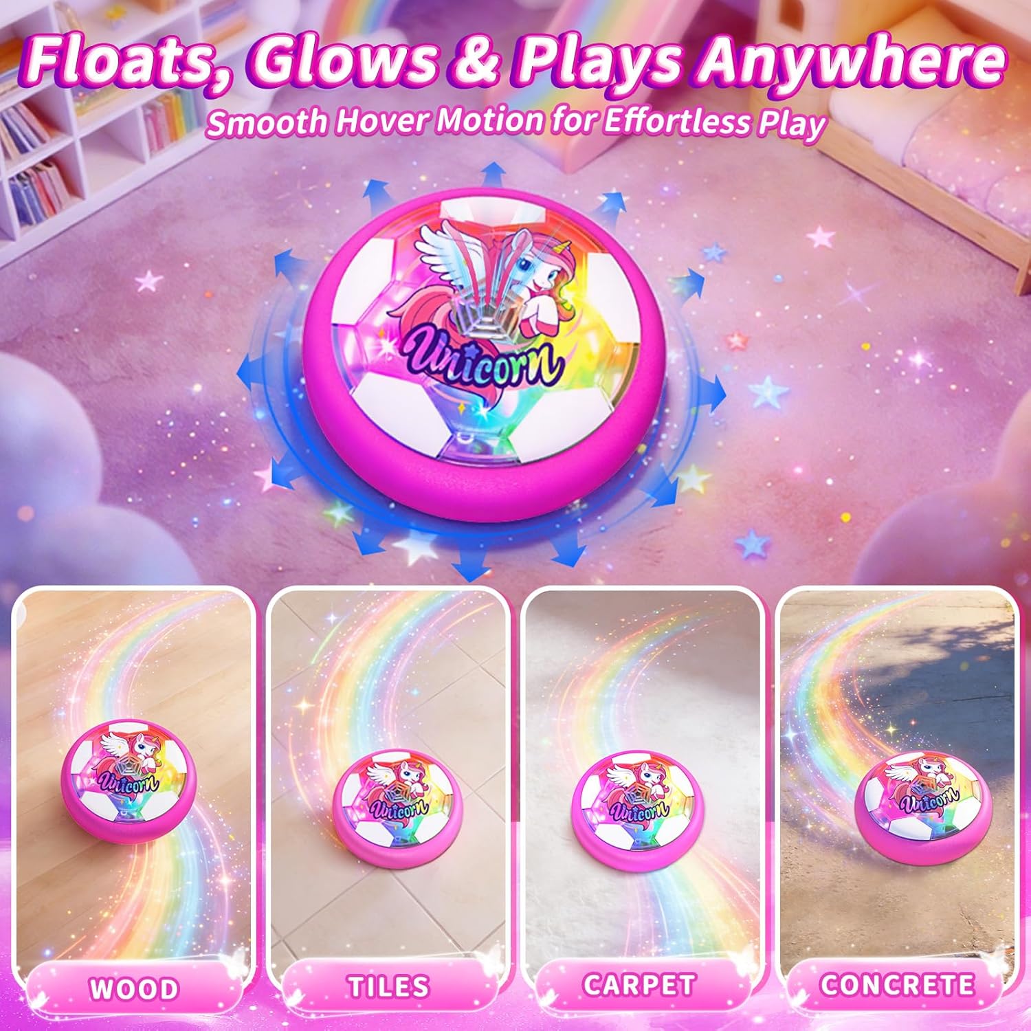 Unicorn Hover Soccer Ball for Girls, Light Up Air Floating Toys for Girls Age 3 4 5 6 7 8 9 10 11 12, Indoor Toy Birthday Gifts, Kids Games with LED Lights Foam Bumper, Kids Stocking Stuffers