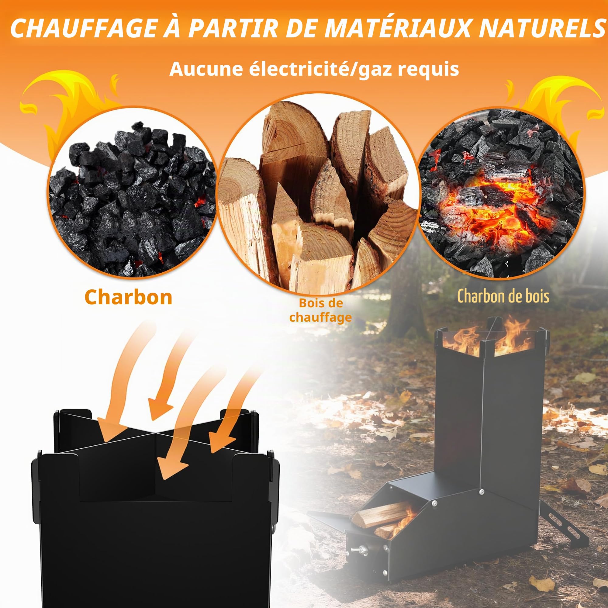 YRHome Four à roquettes en acier inoxydable - Cheminée brasero - Poêle de camping portable en bois, poêle de camping avec sac, réchaud de camping et poêle de terrasse, barbecue de camping pour