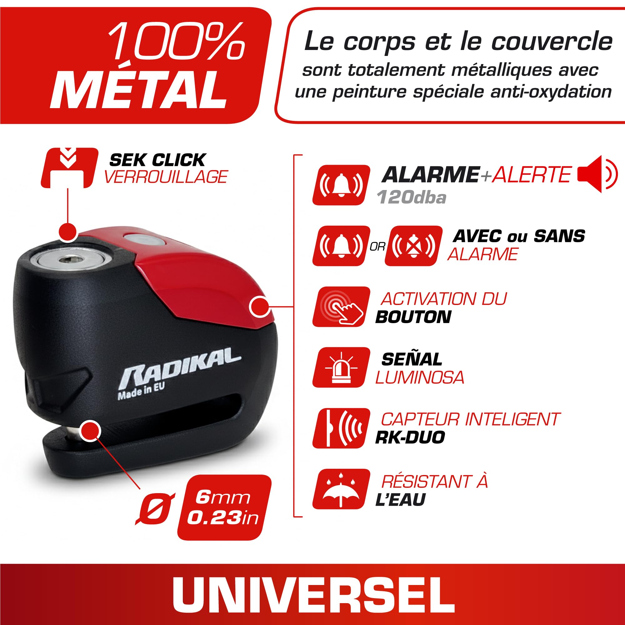 RADIKAL RK9 Antivol Moto, Bloque Disque Alarme Premium 120dB On/Off +Warning +LED Plus Visible, Étanche, Pile CR2 Longue Durée, 100% Métal Compact Bloc Frein 6mm Universel Moto Scooter Vélo Electrique