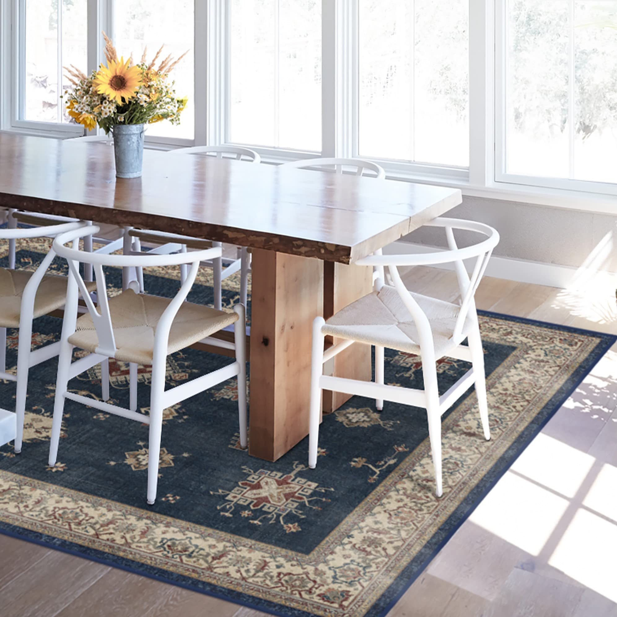 RUGGABLE Washable Vintage Area Rug – Verena Sapphire 6x9, Stain-Resistant, Non-Slip with Standard Pad – Medium Machine Washable Rugs for Living Room, Bedroom, Hallway, Entryway & Office