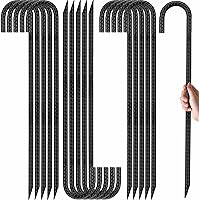 Kingsyard 16-Pack 16" Heavy Duty Galvanized Steel J-Hook Rebar Stakes - 0.4" Diameter Tent, Trampoline, Fence Ground Anchors, Black