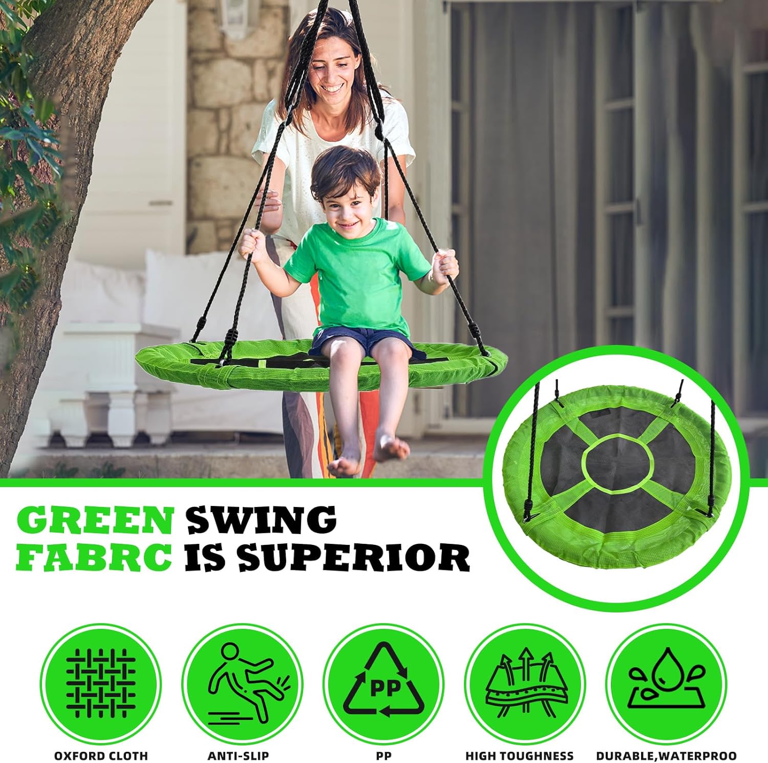 38 Inch Saucer Tree Swing for Kids - Outdoor Round Swing with Adjustable Straps - Anti-Slip - Green
