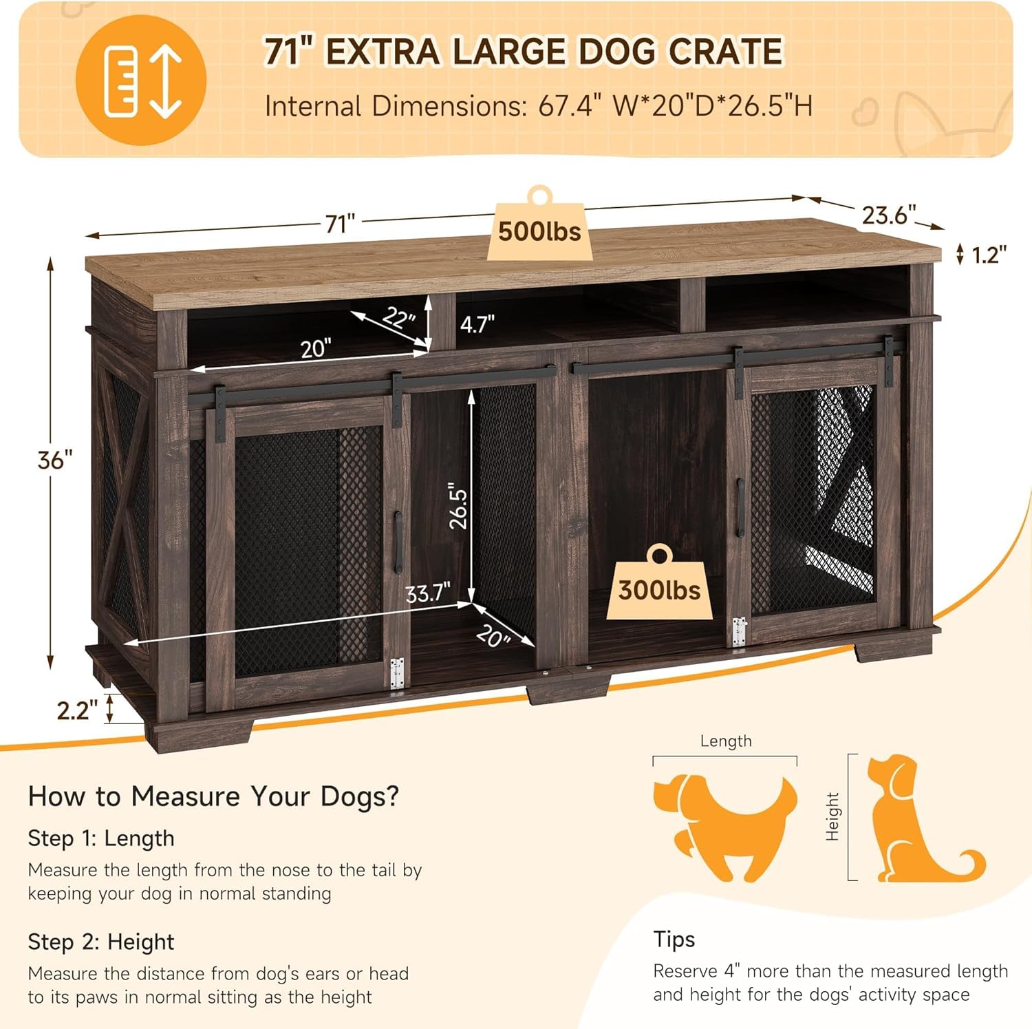 Diagram illustrating how to measure a dog for crate sizing, with dimensions of the 71 inch GAOMON dog crate.