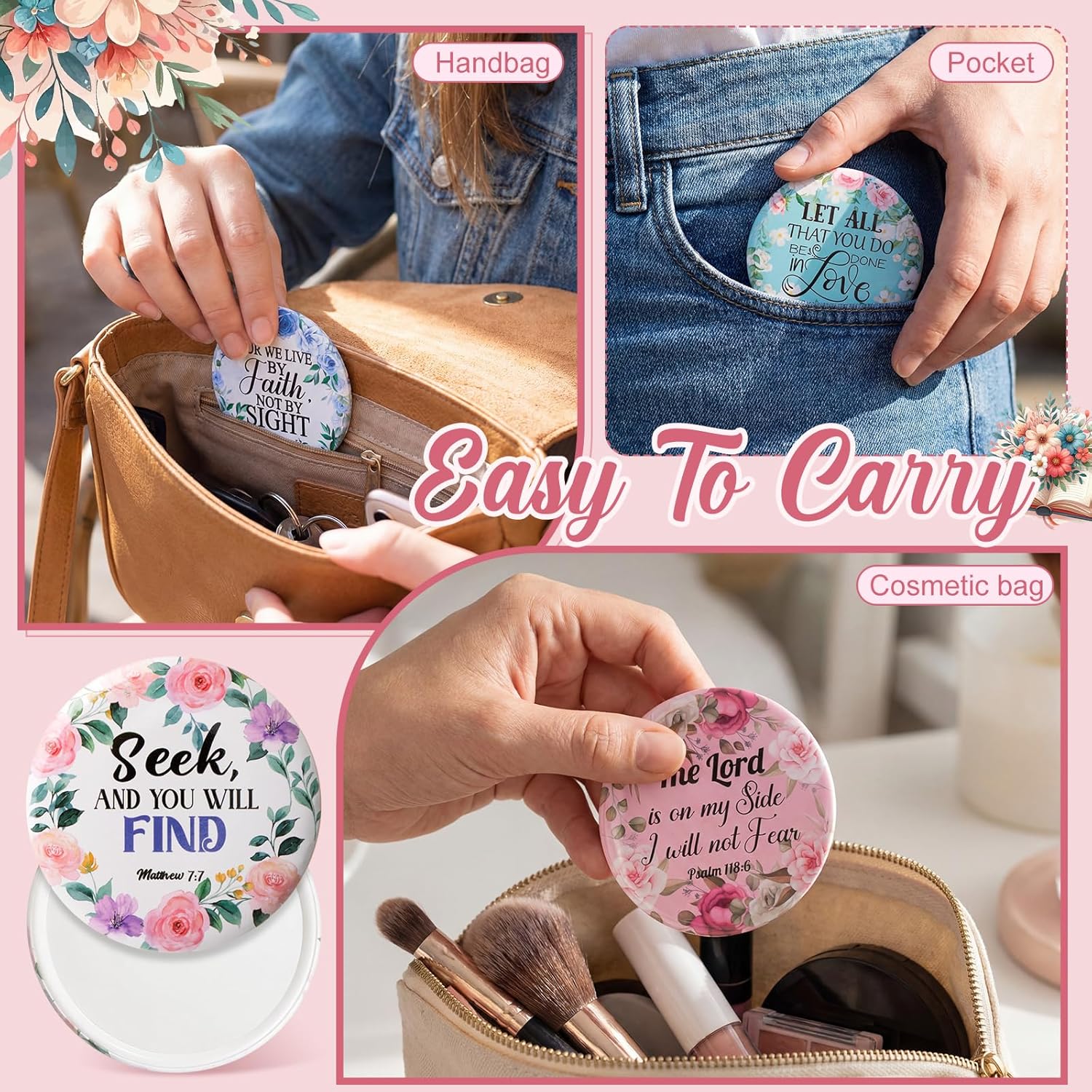 Qunclay 50 Sets Christian Mini Compact Mirrors Bible Flowers Gifts for Mother's Day Bulk Bible Verse Makeup Mirrors and Cards Religious Accessories for Nurses Teacher's Day Employee Appreciation Gifts