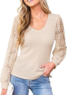 CUPSHE Women Tops V Neck Eyelet Lace Floral Long Sleeve for Ladies Elegant Blouses Casual Hollow Out Shirts Loose Trendy