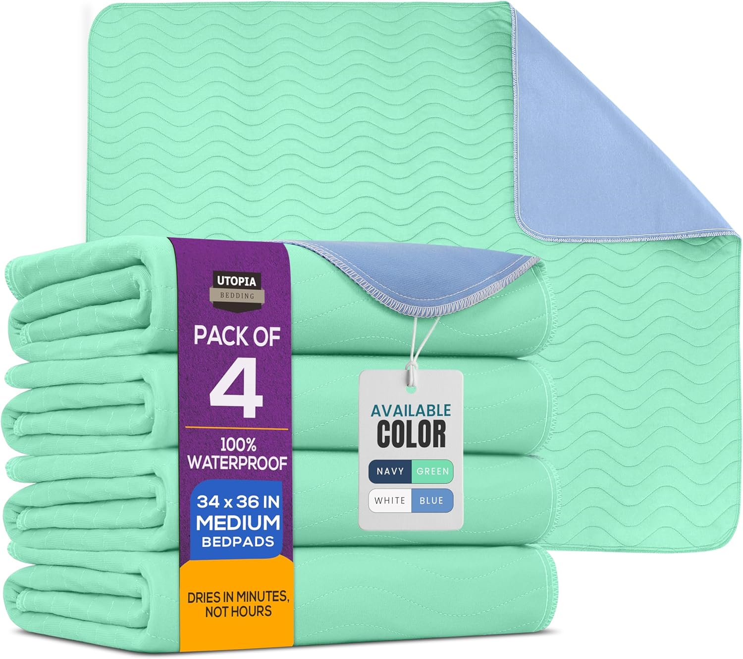 Utopia Bedding Washable Pee Pads for Dogs 34″ x 36″ (Pack of 4), Waterproof Incontinence Bed Pads for Adults, Elderly and Kids, Heavy Absorbency Pet Training Pads for Sofa and Couch (Green, Blue)