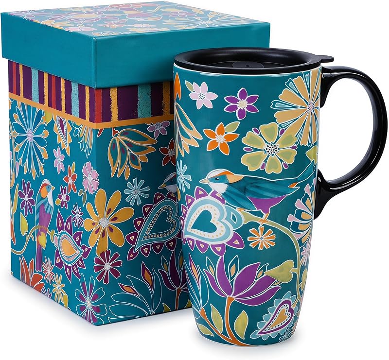 Topadorn 17oz Ceramic Travel Mug with Lid, Bird Floral Coffee Mug | Folk Art Bird Design • Large Ceramic Coffee Cup • Comfortable Handle • Microwave & Dishwasher Safe • Gift Box Included