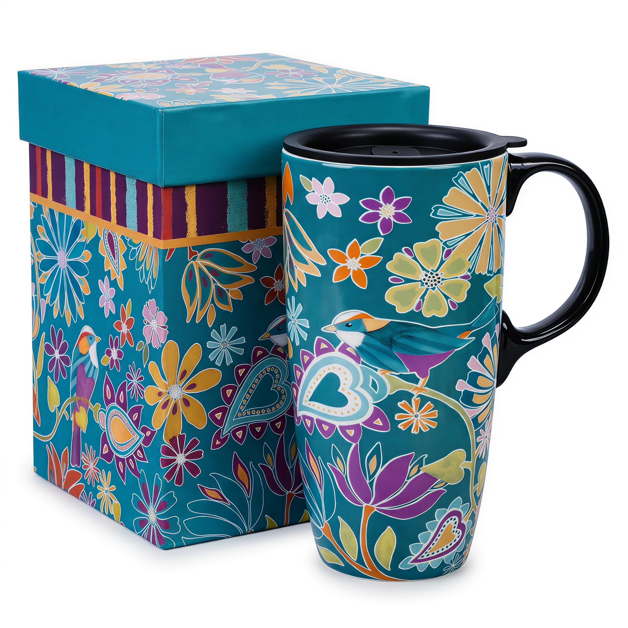 CEDAR HOME ceramiczny kubek do kawy porcelanowy latte filiżanka do herbaty z pokrywką 470 ml kwiatowa symfonia, turkusowy