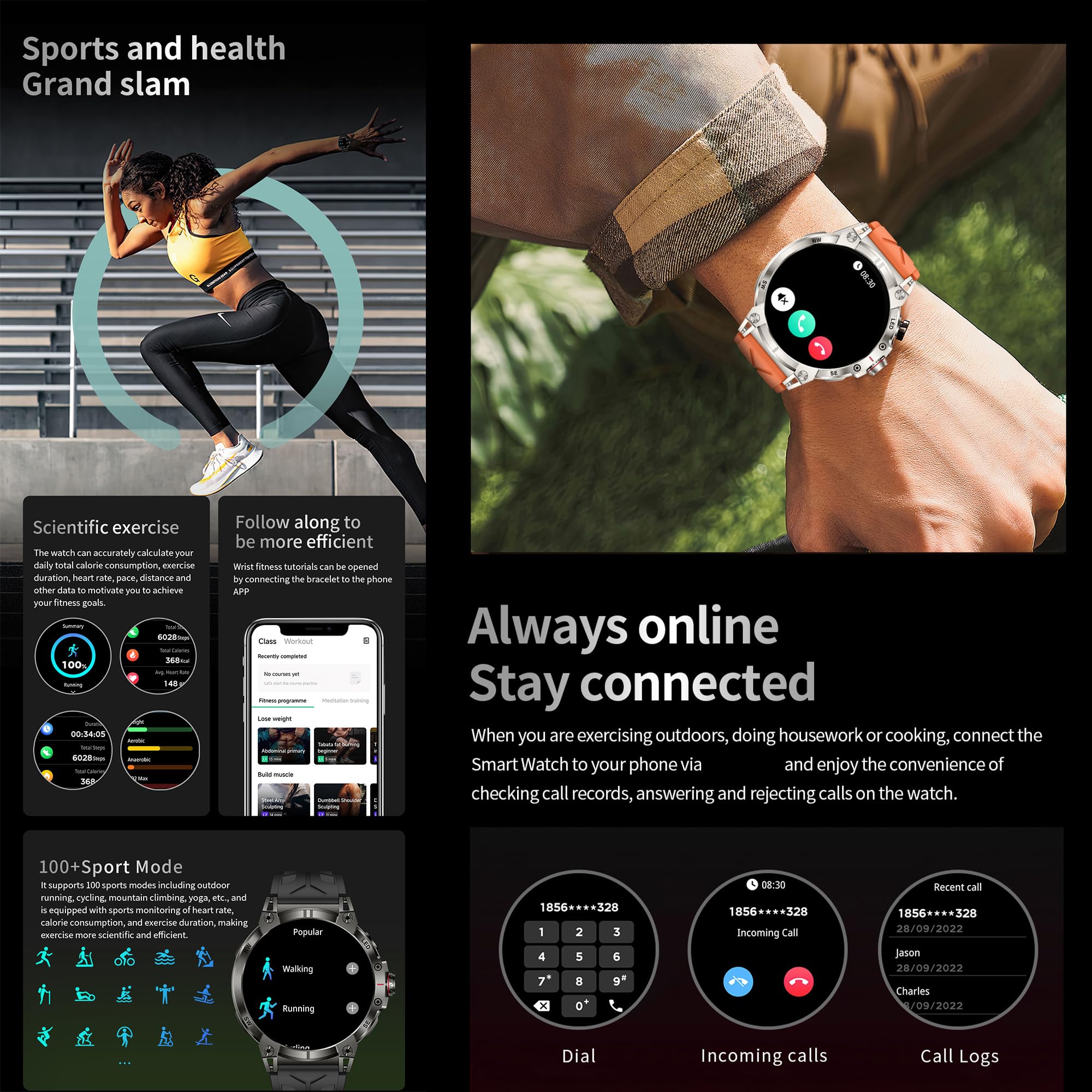 AMOLED Męski smartwatch 1,85" z połączeniem Bluetooth 5,2, kompatybilny z Samsung Huawei, Xiaomi, Android, iOS, krokomierz, GPS, 123, sportowy, miernik tętna (srebrny)