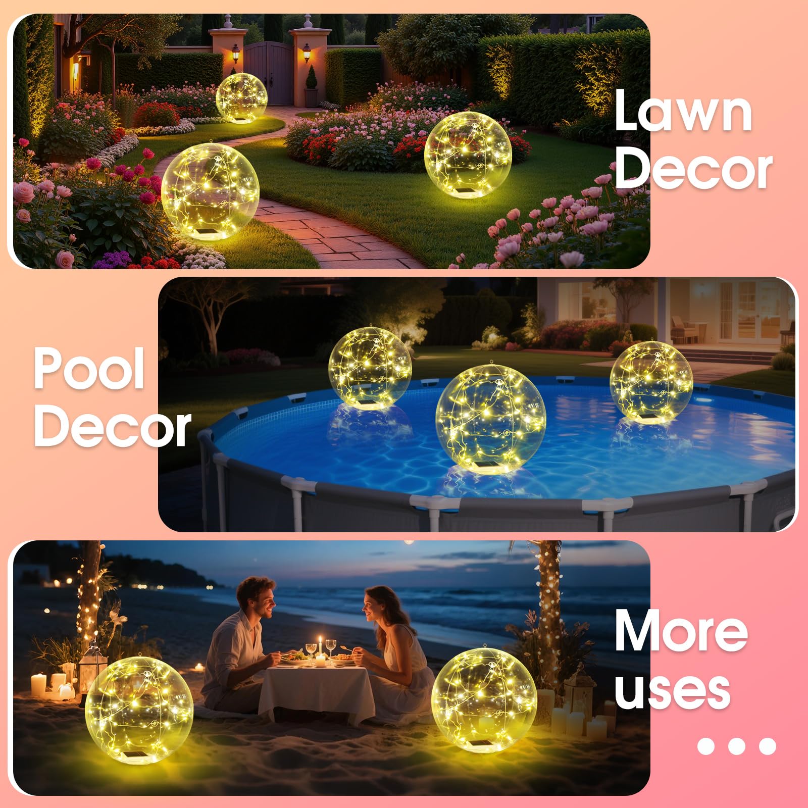 Askyli Schwimmende Pool-Lichter, warmweiße LED-Solar-Lichter, die schwimmen, IP68 wasserdicht, beleuchtete Poolkugeln, 38,1 cm, aufblasbare schwimmende Lichter für Pool-Party, Hochzeitsdekoration (2