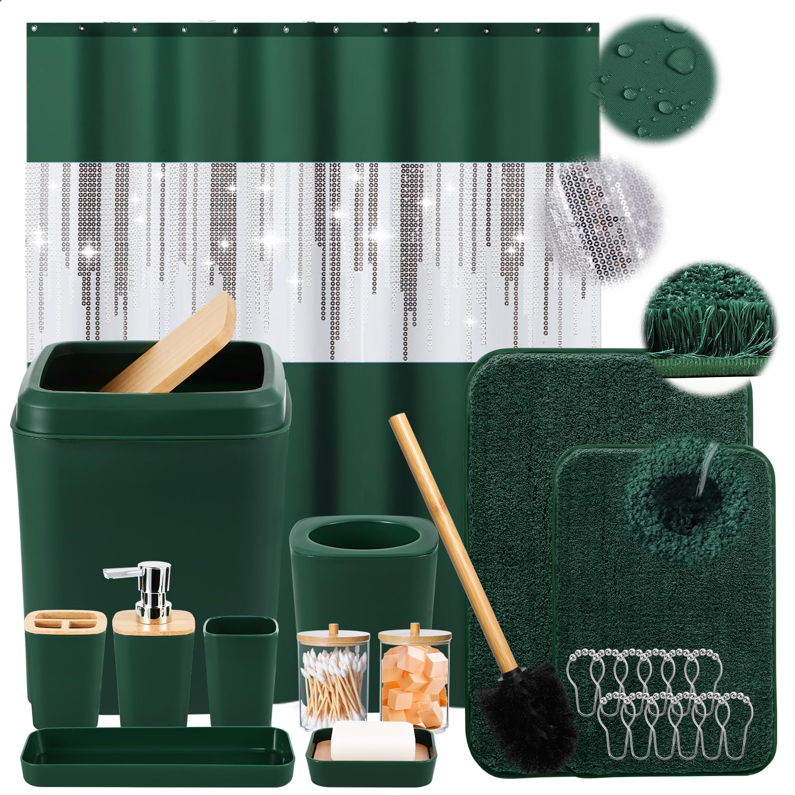 XLHOMO Dark Green Bathroom Accessories Set with Trash Can 12 Piece Bathroom Decor Toothbrush Holder,Toothbrush Cup,Lotion Soap Dispenser,Vanity Tray,Soap Dish,Toilet Brush,Qtip Holder