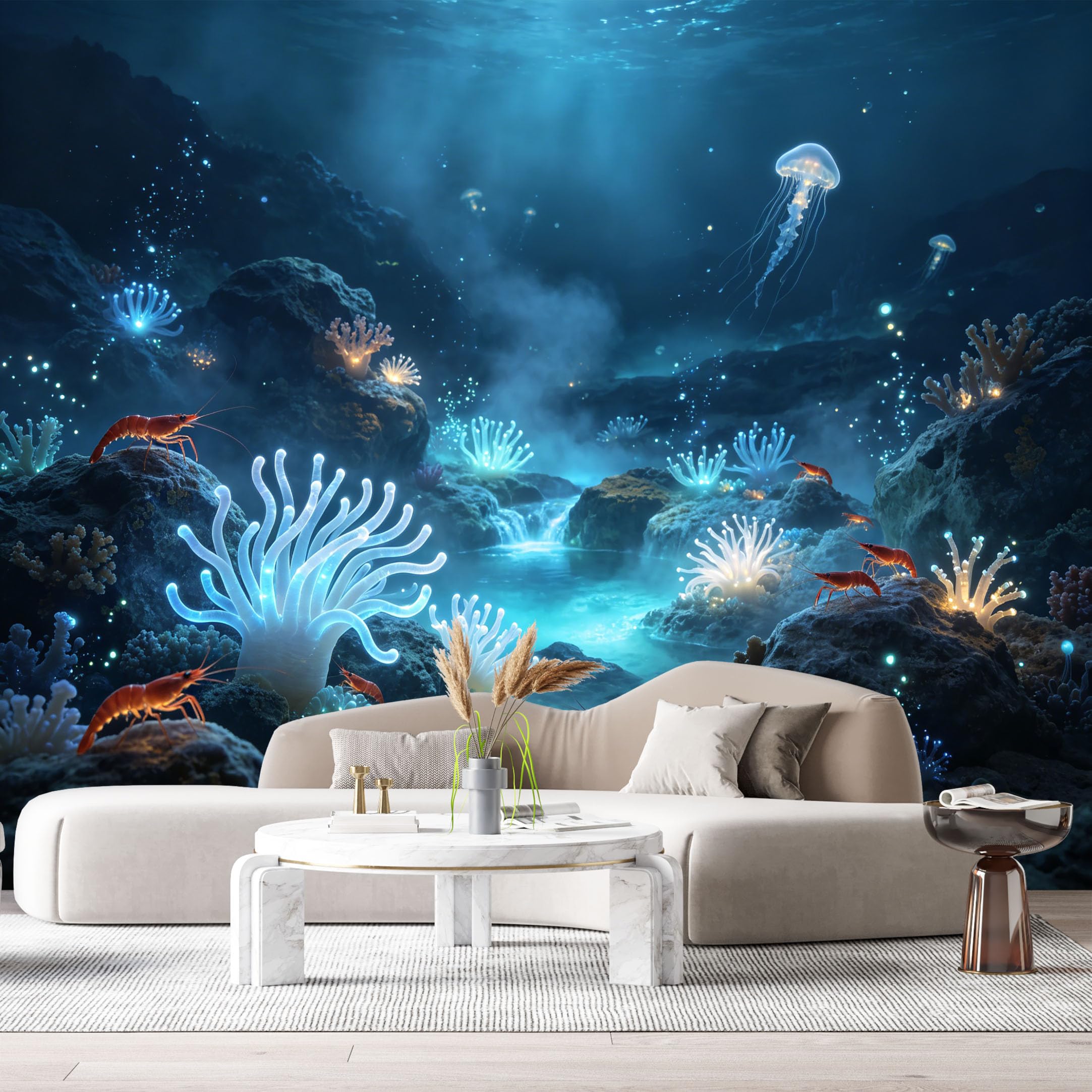 Custom Size Wall Murals Ocean Marine 3D Bioluminescent Jellyfish Crustaceans SelfAdhesiveWall Fabric Removable Wallpaper Wall Decor for Living Room Bedroom Bathroom