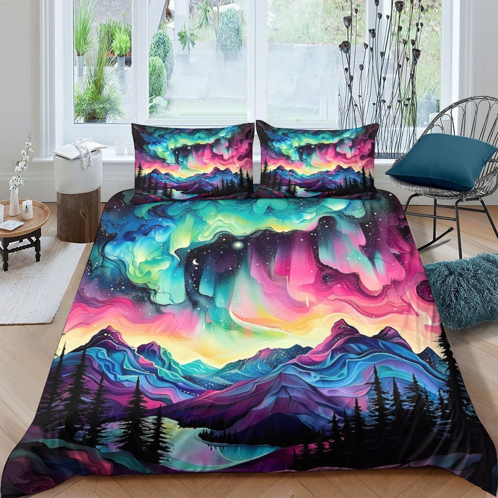 Ctjqhvkz Style-10 3D Printed Aurora Mountain Fitted Sheet Microfiber Soft Breathable Northern Lights Bed Cover For Bedroom Decor Single（135X200cm）