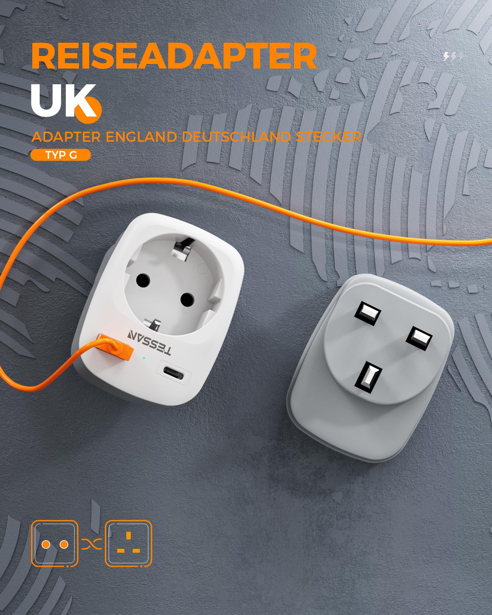 TESSAN 2 pak adapter podróżny UK adapter Anglia Niemcy wtyczka z 2 portami USB, adapter do gniazdka, wtyczka podróżna, adapter prądu do Irlandii Wielkiej Brytanii ładowarka ścienna, adapter gniazda | Adapter gniazda z USB C i USB A, 3250 W UK Adapter do I