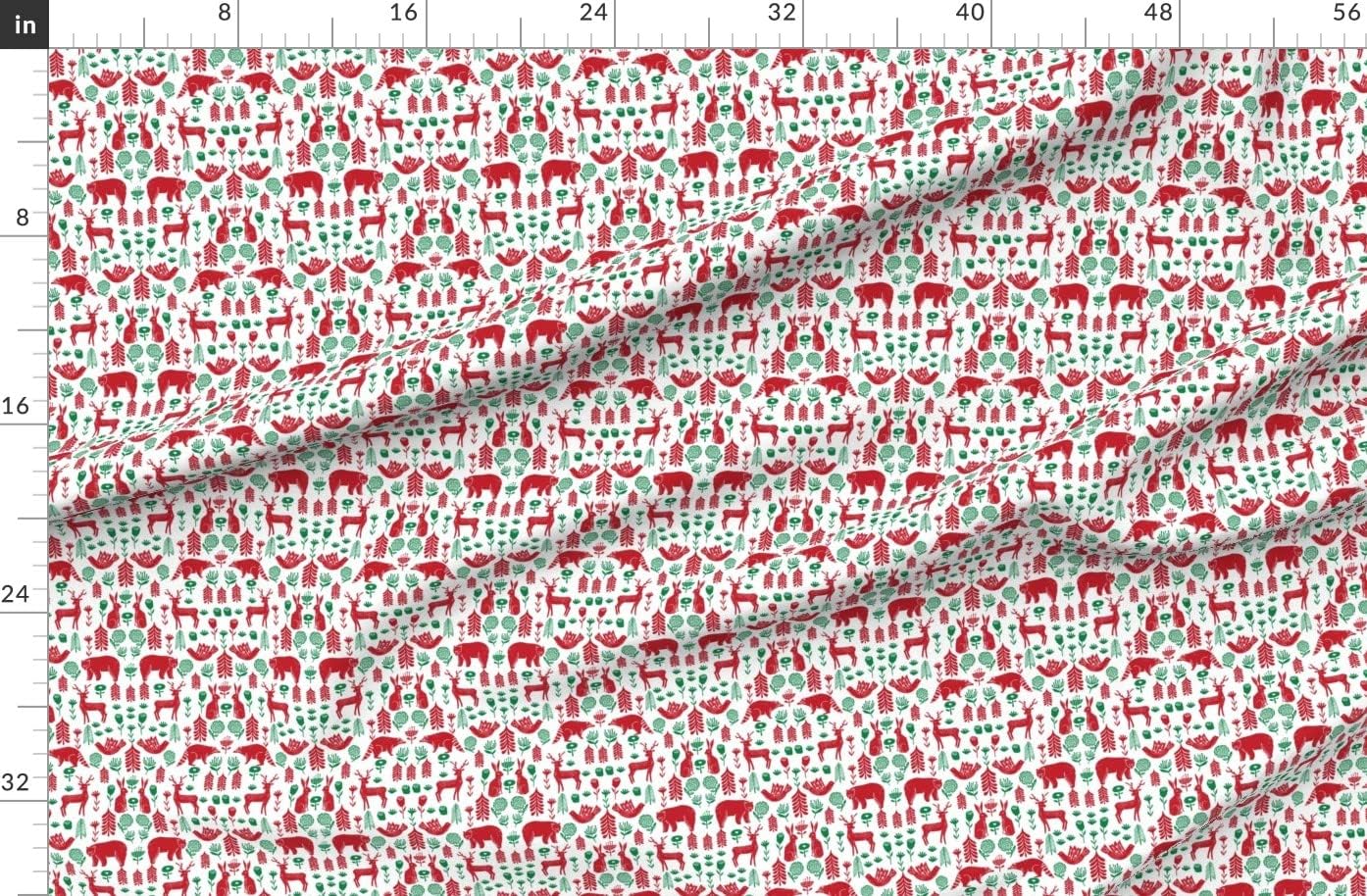 Spoonflower Fabric - Christmas Folk Scandinavian Winter Holiday Forest Animals Red Green Printed on Organic Cotton Sateen Fabric by The Yard - Sewing Quilting Apparel Home Decor