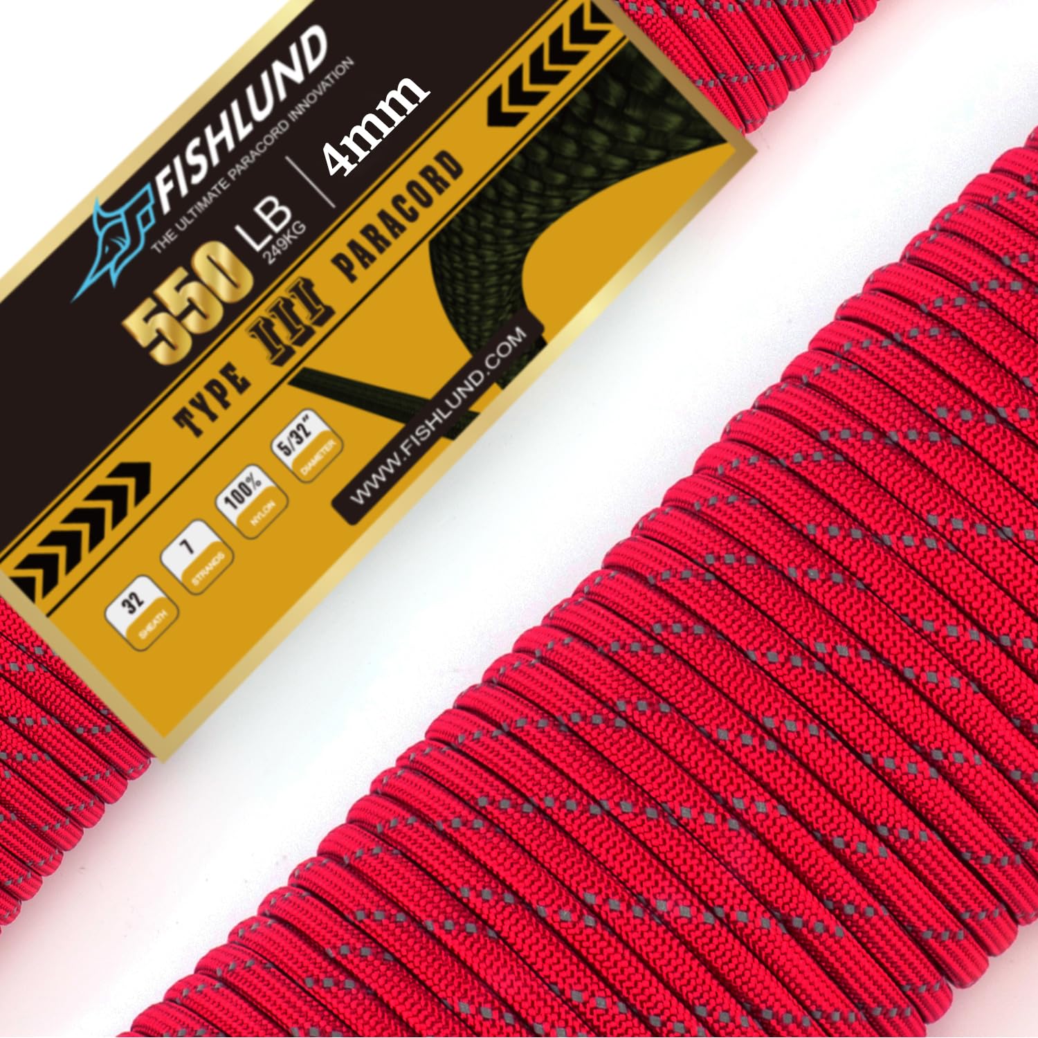 FISHLUND Reflective Paracord 550 lb, 7 Strand Paracord Rope 250ft 4mm, Nylon Parachute Cord for Camping, Imperial Red