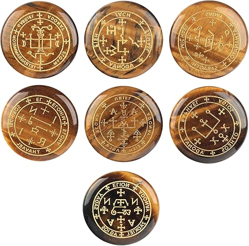 Miniatura 4 de mookaitedecor 7 piedras de ojo de tigre con símbolo de arcángel mágico grabado, piedra de palma pulida para curación de cristal de Reiki, Piedra