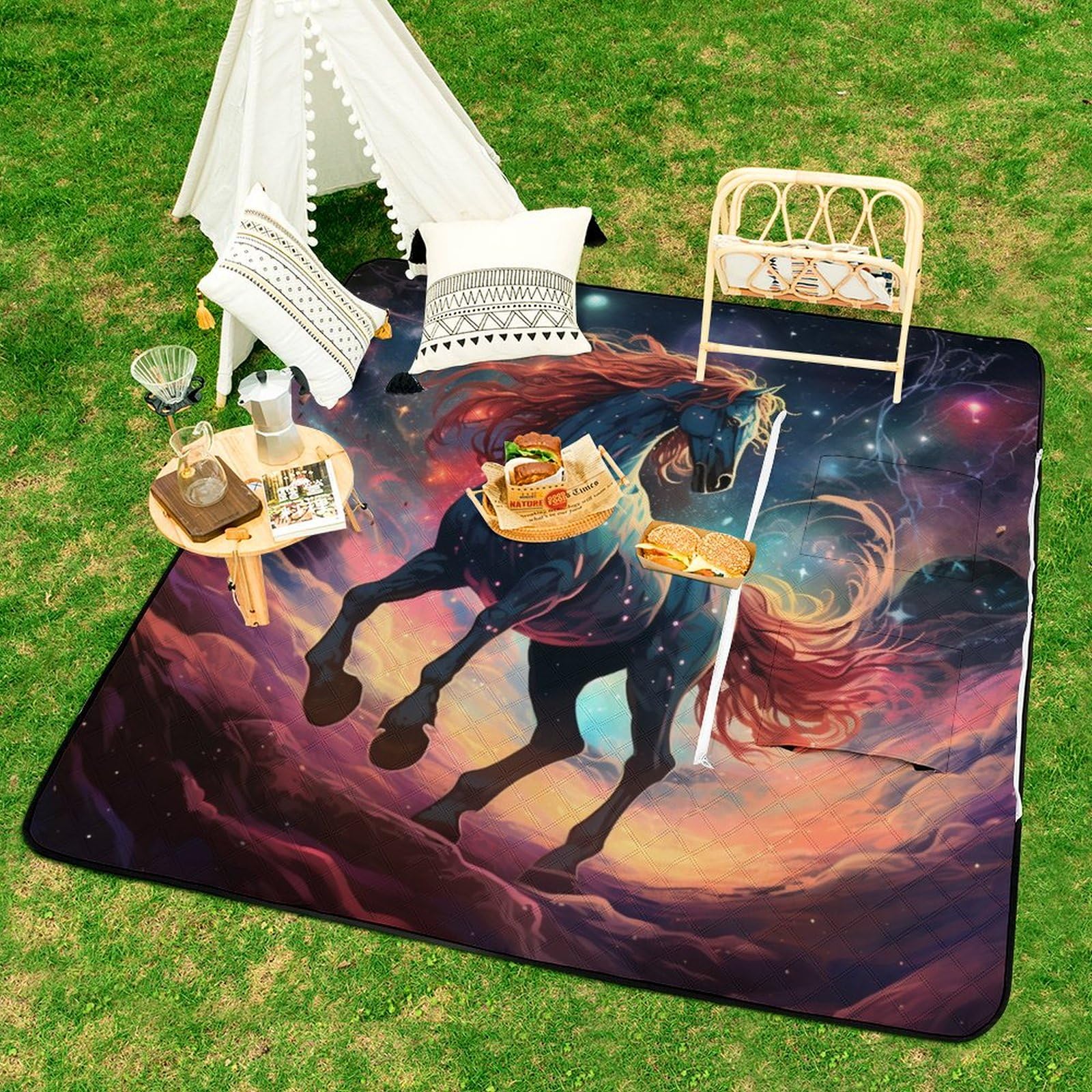 Nadruk 3D Koń Koc Piknikowy Zwierzę Duży Koc Piknikowy Składany Koc Wodoodporny Koc Kempingowy dla Rodziny, Plaży, Wędrówki, Kemping 150 x 150 cm