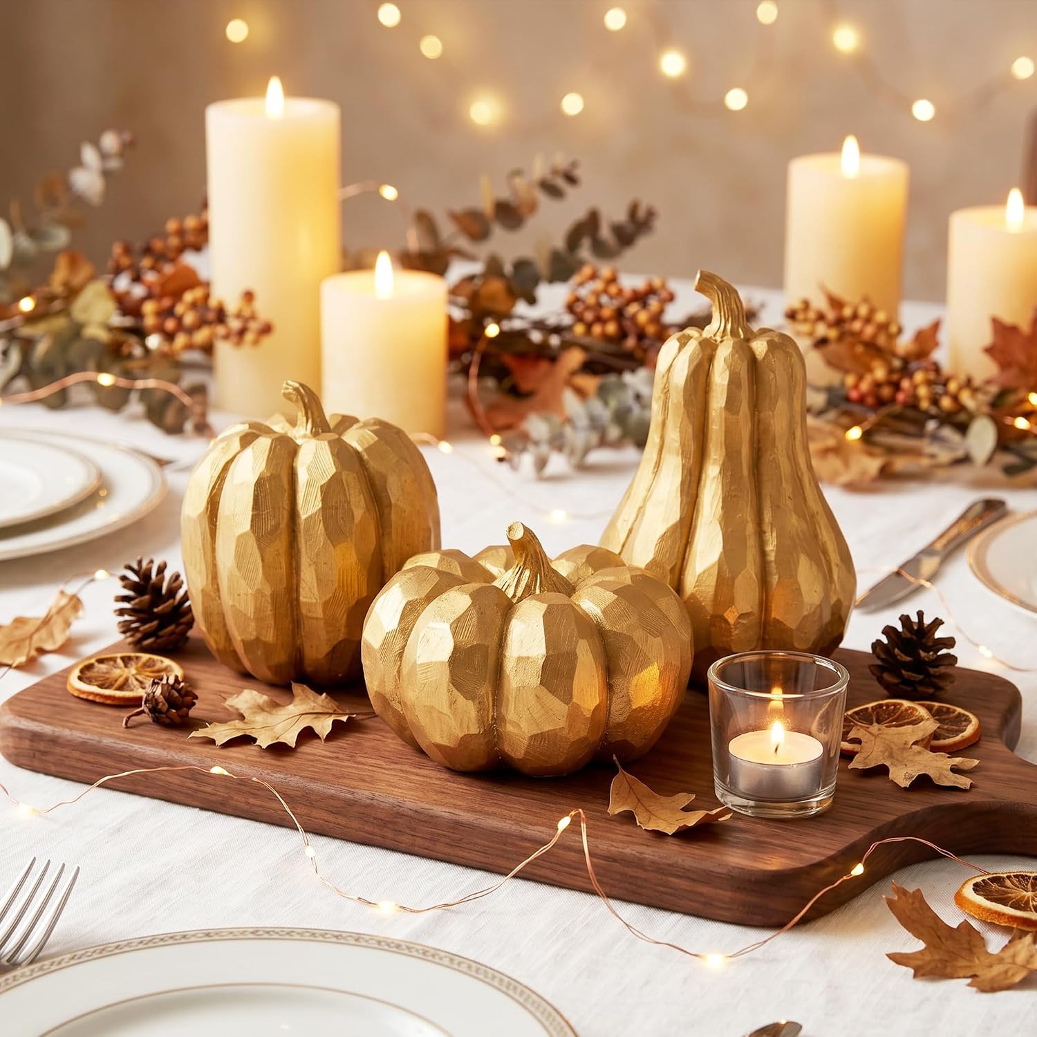 Gold Pumpkin Decor, 3Pcs Resin Pumpkin Figurines Fall Decoration for Home image 3