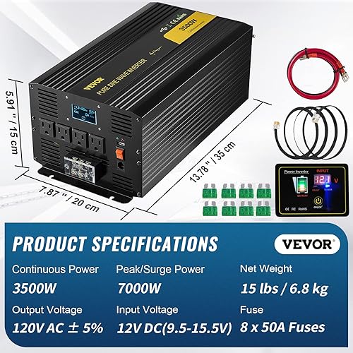 Miniatura 23 de VEVOR Inversor de onda sinusoidal pura de 2500 W, inversor de automóvil de 12 V CC a 120 V CA, 3 salidas de CA, puerto USB, pantalla LCD, control