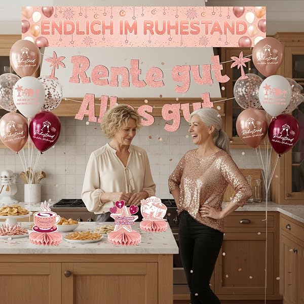 Ruhestand Deko Banner Luftballons Set - Rente Party Dekoration Ballons Glitzer Girlande und Tischdeko, Dekorationen für Frauen Renteneintritt Kollegen Abschiedsparty (Rosegold) - 4