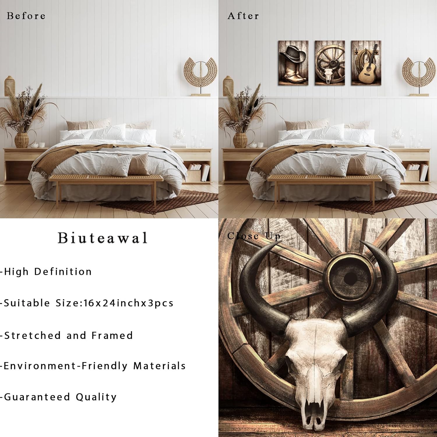 Biuteawal 3 Pieces Cowboy Wall Art American West Rodeo Cowboy Hat Boots Pictures Poster Guitar Painting on Canvas Beige Vintage Artwork Stretched for Home Office Bedroom Decoration