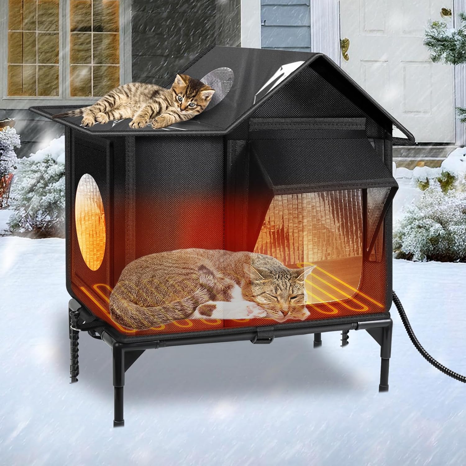 Heated Outdoor Cat House Weatherproof with Heating Pad, Insulated Feral Cat Houses for Outdoor Cats, Safe Escape Door, Heated Cats House for Outside, Outside Stray Cats Shelter with Elevated Base(S) S(17.3 * 12.6 * (11.8+5.9) In) With Heated Pad
