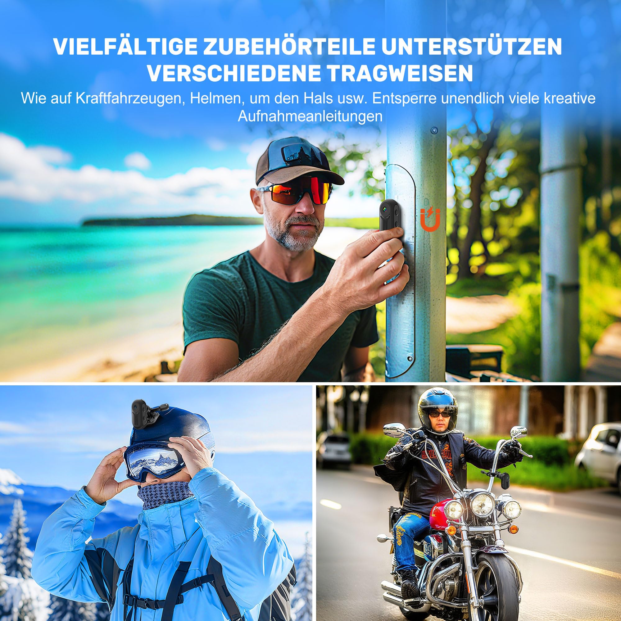 Caméra d'action 1080P 32 Go, Caméra sport portable, Body cam magnétique, POV caméra casque moto