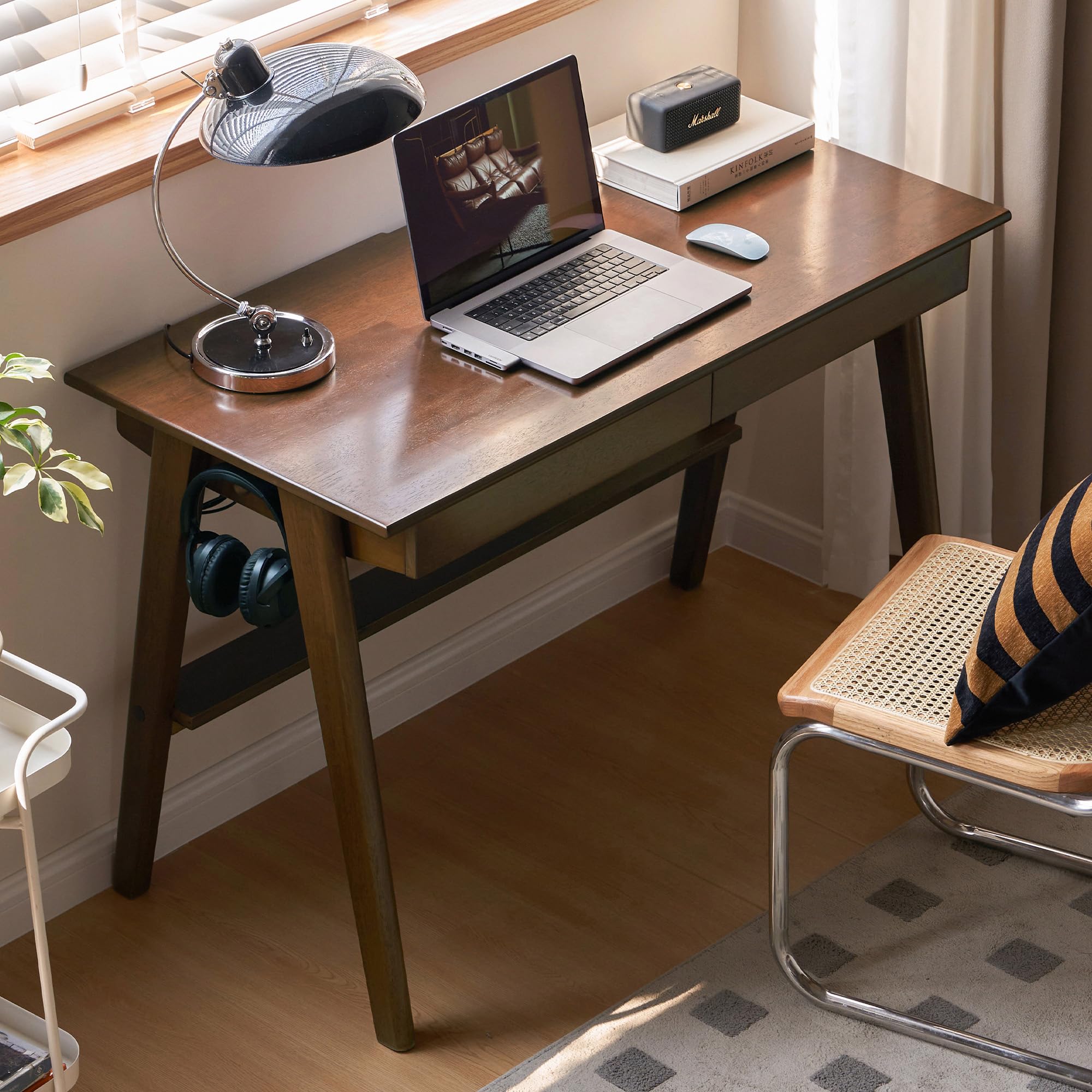 Walnut Color Home Office Desk, 100% Solid Rubber Wood Desk, Mid Century Modern Writing Computer Desk with Drawer for Sturdy Room, Bedroom 47.24" W