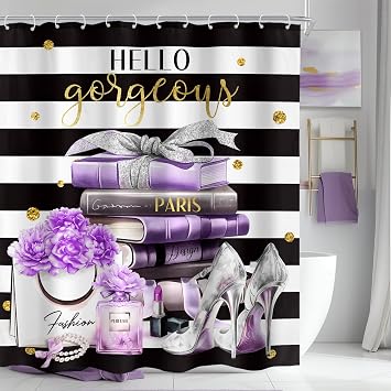 Black Purple Fashion Girly Black White Girls Bathroom Shower Curtain Set | 60"W x 72"H Flower Floral; waterproof HD print, quick-dry fabric and plastic hooks for easy setup.
