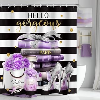 Cinbloo Black and Purple Shower Curtain 60Wx72H Fashion Girly Black White Shower Curtain for Girl Women Modern Flower Floral Perfume Striped High Heels Magazine Books Fabric Bathroom Decor 12 Hooks