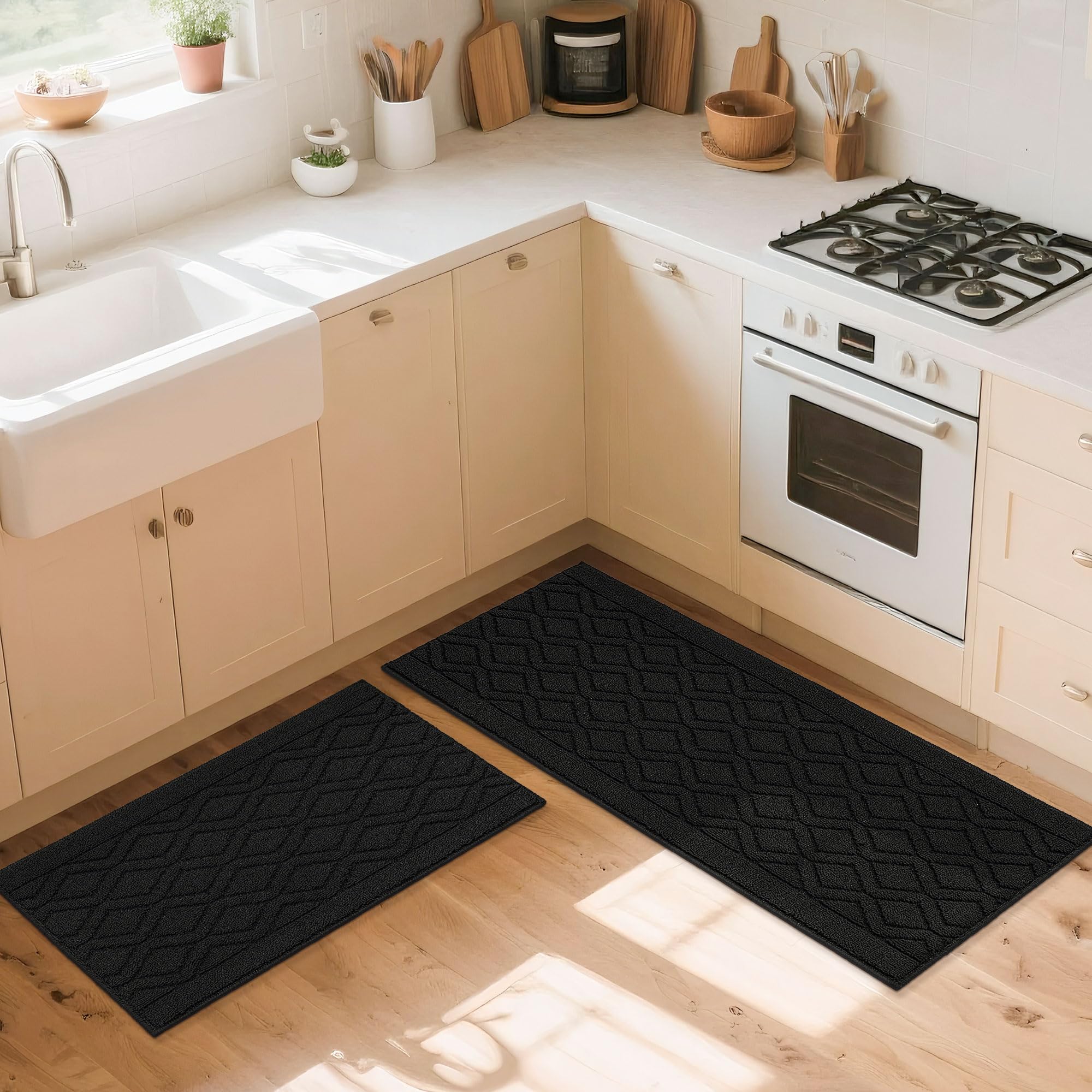 COSY HOMEER 121,9 x 50,8 cm/76,2 x 50,8 cm Küchenteppichmatten aus 100% Polypropylen, 2 Stück, weiche Küchenmatte, spezialisiert auf rutschfest und maschinenwaschbar, schwarz