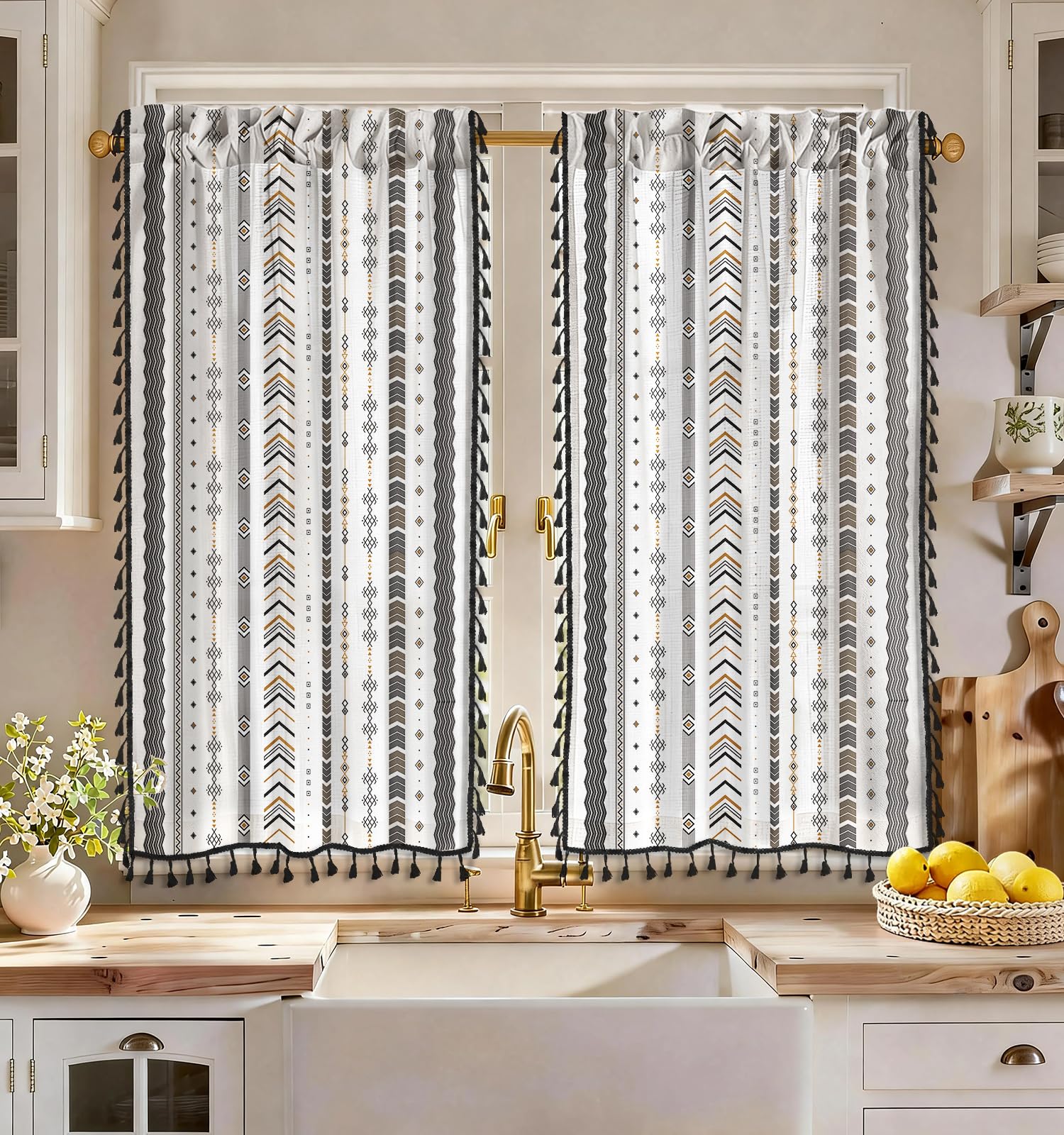 Miss Adola Boho Kitchen Tier Curtains, 45 Inch Length, Geometric Stripes