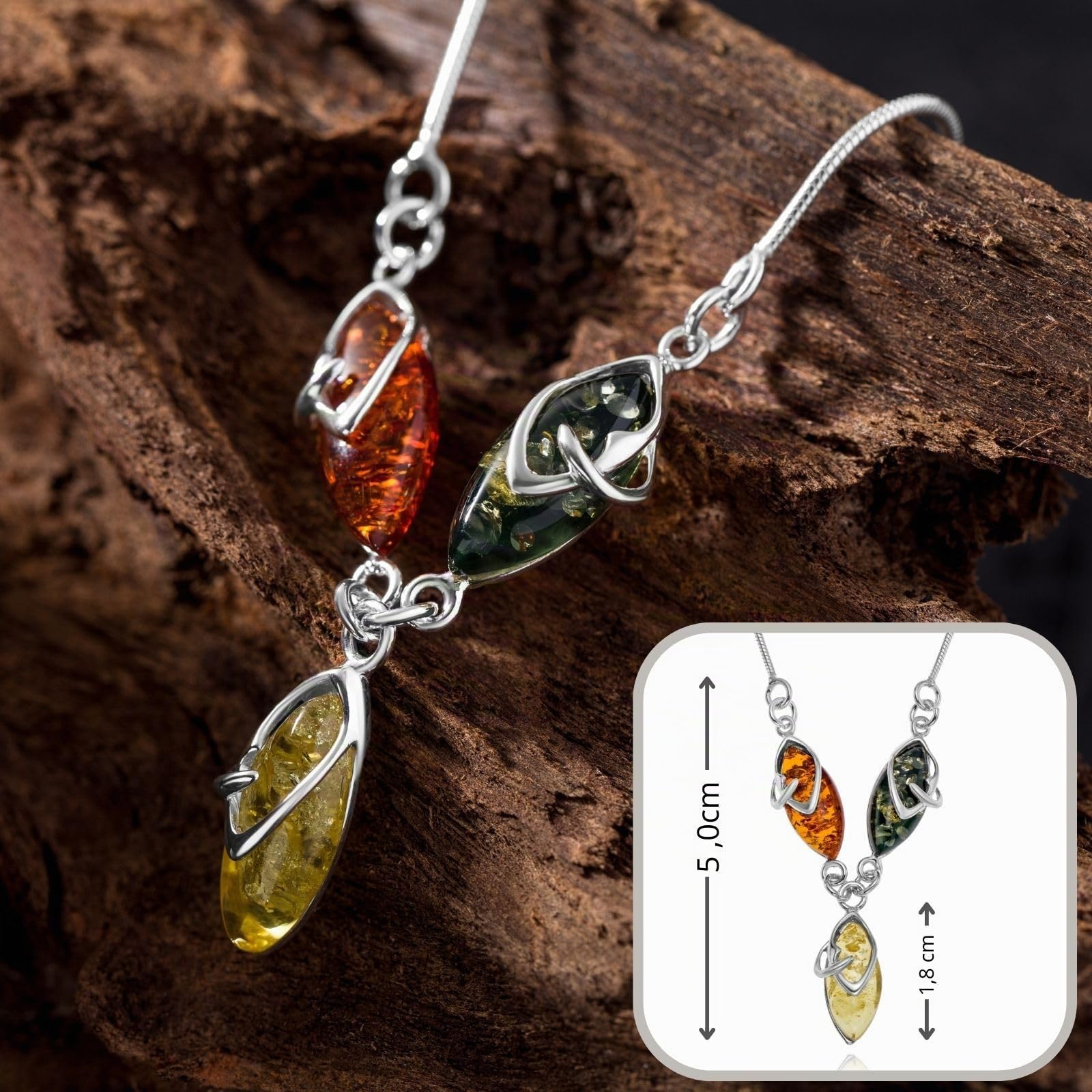 Copal Collana Con Catena In Argento E Pendente A Goccia Di Ambra Baltica Multicolore