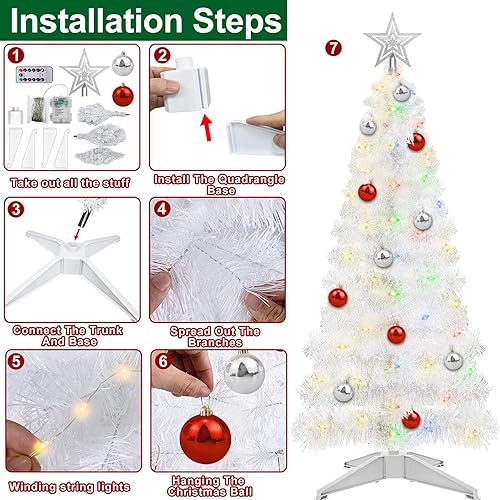 Miniatura 6 de TURNMEON Árbol de Navidad de 4 pies con 80 luces cálidas, temporizador de 8 modos de bricolaje, 20 esferas de adornos artificiales alimentados por