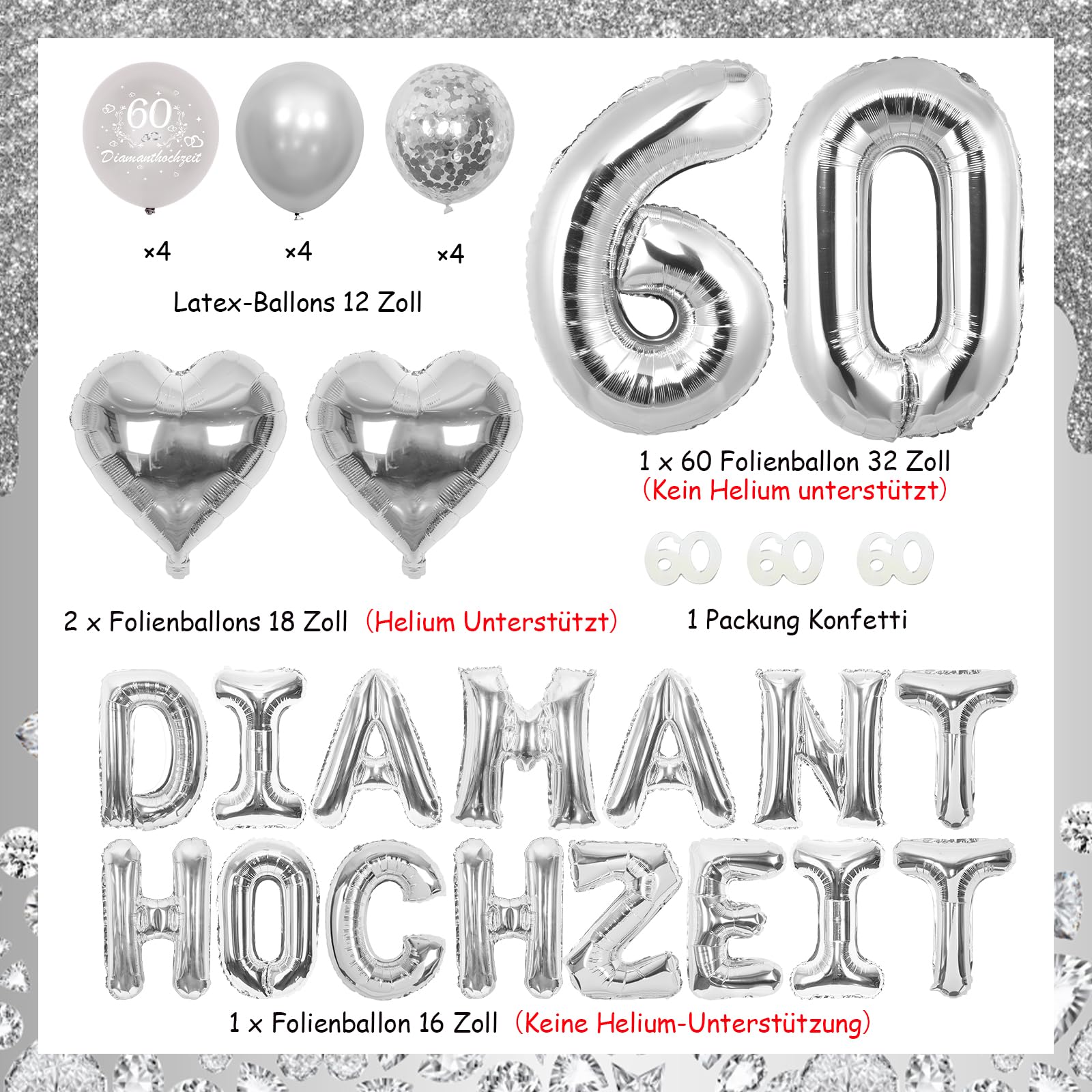 Dekorationsset Zum 60. Hochzeitstag – Banner & 6 Hängende Wirbel, Glitzernd, Silber