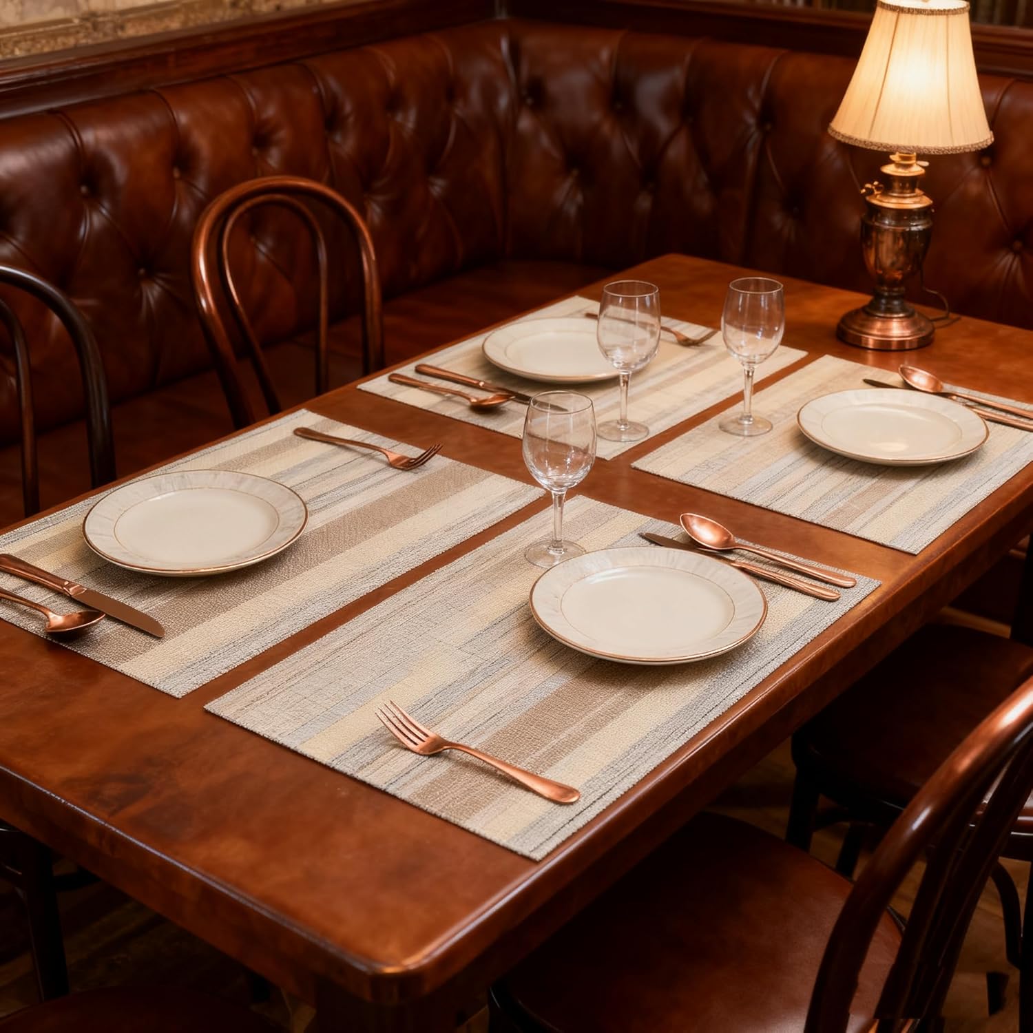 Textile Placemats Set of 6 - Heat Resistant Non-Slip Wipeable Place Mats for Party/Indoor/Outdoor Kitchen Dining Table, Washable Durable PVC Vinyl Woven Table Mats（Beige, 6）