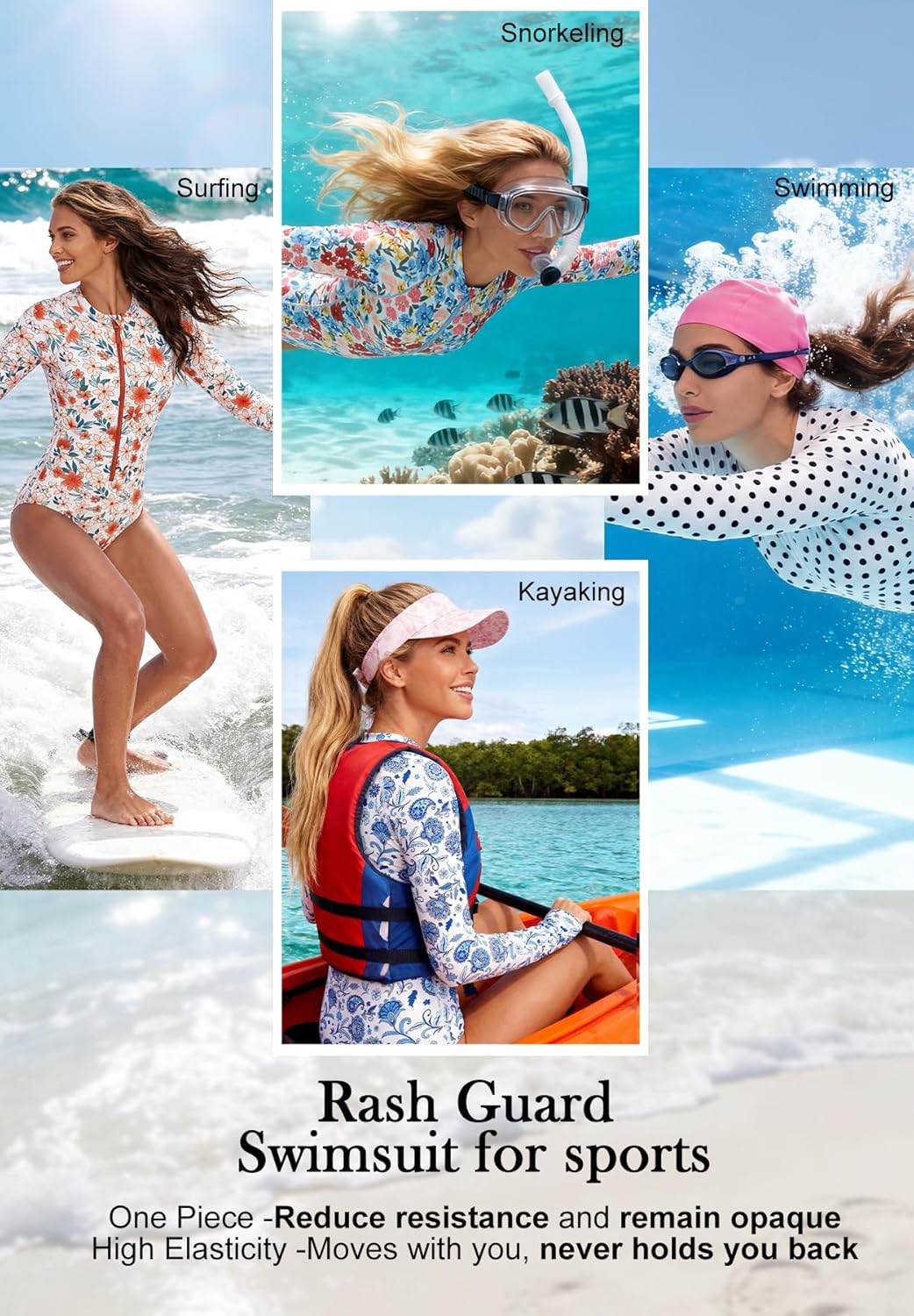 Zando UPF 50+ Long Sleeve Swimsuits for Women - One Piece Rash Guard Swimsuit Women Full Coverage Bathing Suit Beach Surfing
