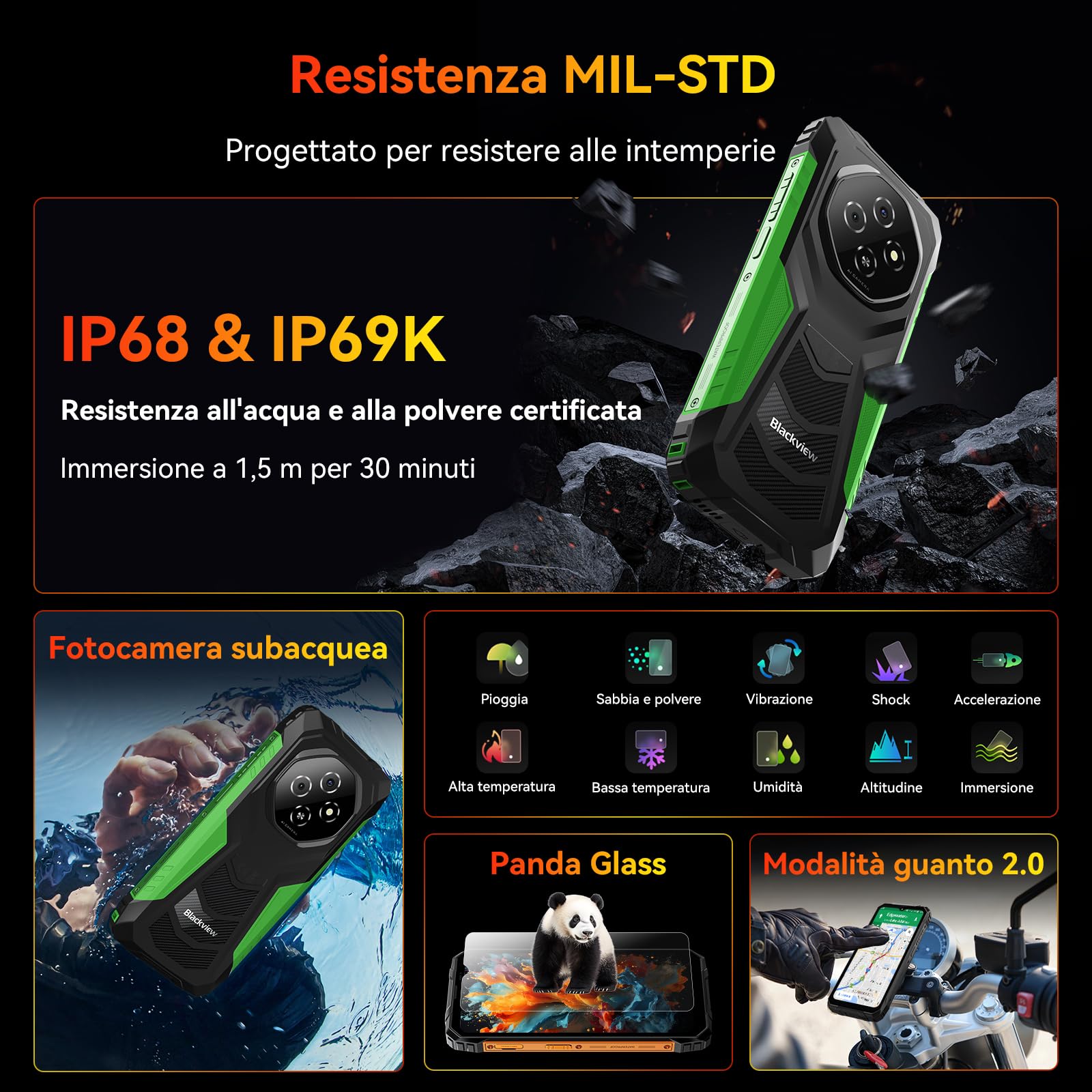 Blackview Fort 1 Rugged Smartphone, Android 15 Celluare Antiurto, Batteria 10000mAh Telefono Indistruttibile, 6.56''HD+, 90Hz, 12(4+8) GB+128GB/2TB TF, IP68/NFC/OTG/Face ID/2 Anni Garanzia