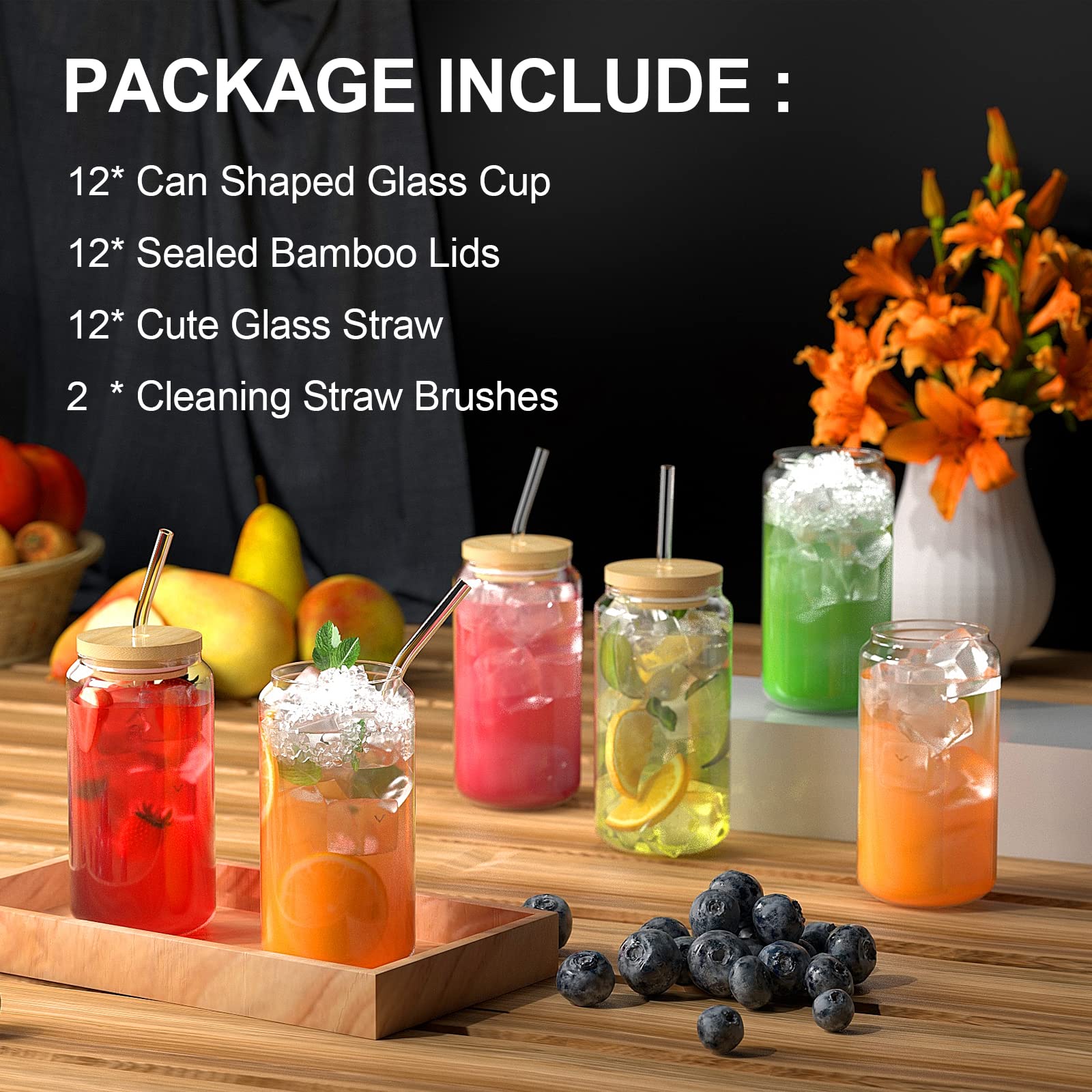 FINEW 12 Stück Gläser mit Deckel und Strohhalm, 16oz/450ml Eiskaffee Gläser, Cocktailgläser, Iced Coffee Glas, Longdrinkglas mit 2 Reinigungsbürsten für Bubble Tea, Whiskey, Cocktail, Biergläser
