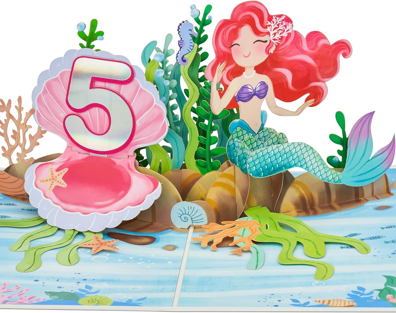 Happy 5th Birthday Pop Up Card, Mermaid, Pearl Shell, Ocean, 3D Greeting Card, Gifts for Girls, Daughter, Granddaughter, Niece, 5x7 - Includes Envelope And Message Note