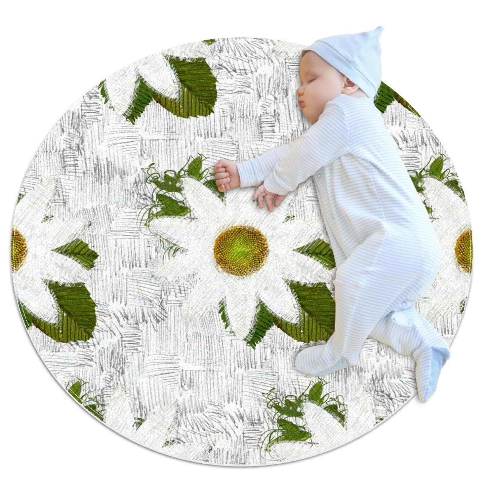 Tapis de salle de bain camomille blanche rond 1m antidérapant