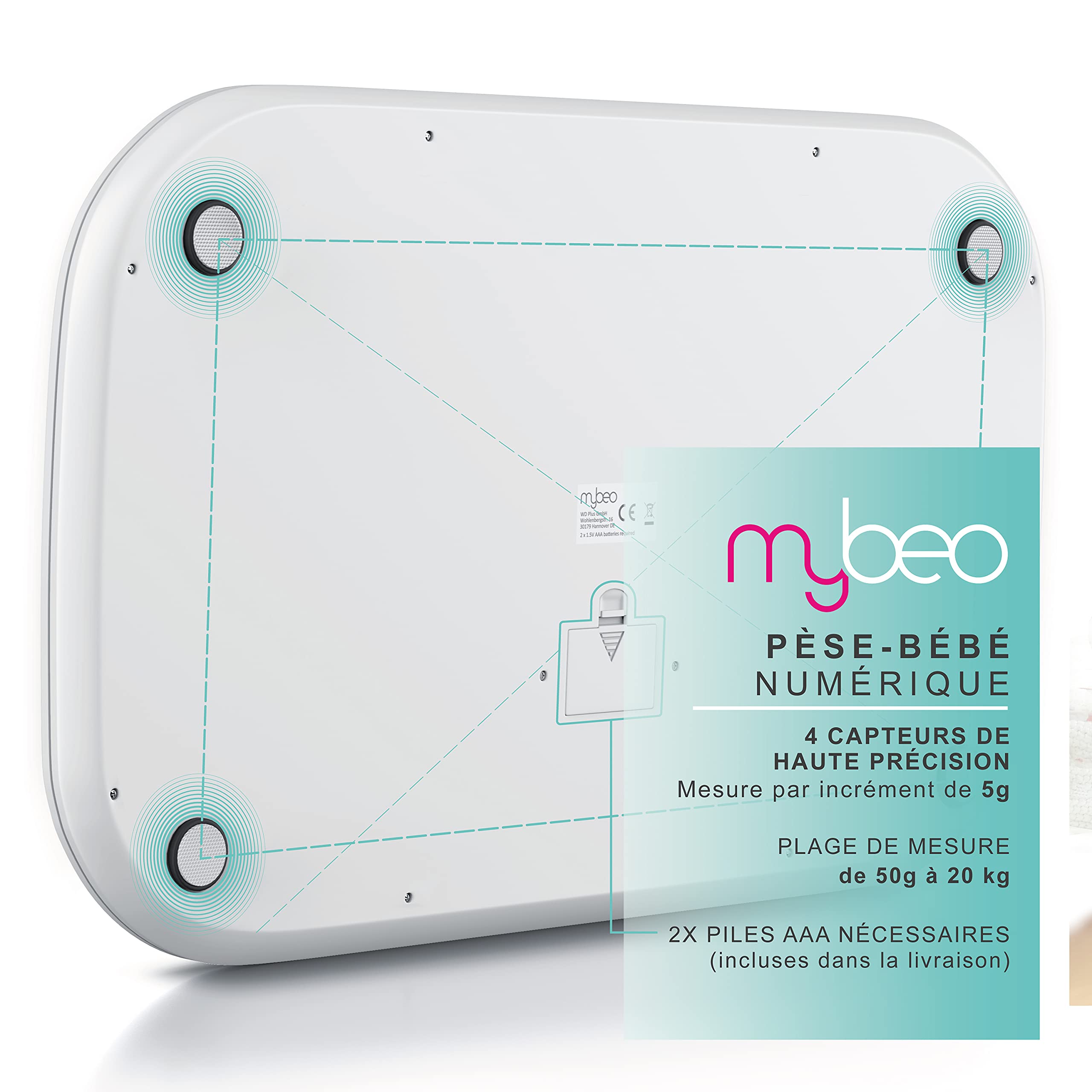 Pèse-bébé électronique - Balance pour petits enfants et animaux domestiques - Pèse-personne numérique - 54 x 26 cm - Poids jusqu'à 20 kg avec une précision de 5 grammes - Fonction tare - blanc