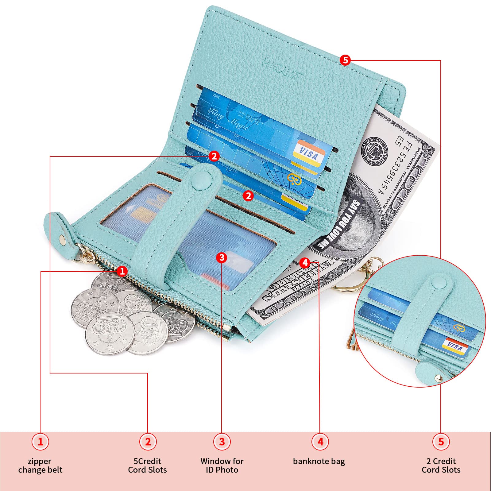 HKCLUF Portafoglio Piccolo da Donna, Porta Carte Blocco RFID Portamonete Pelle con Nappa Portafogli Cerniera Molti Scomparti(B05-Verde chiaro)