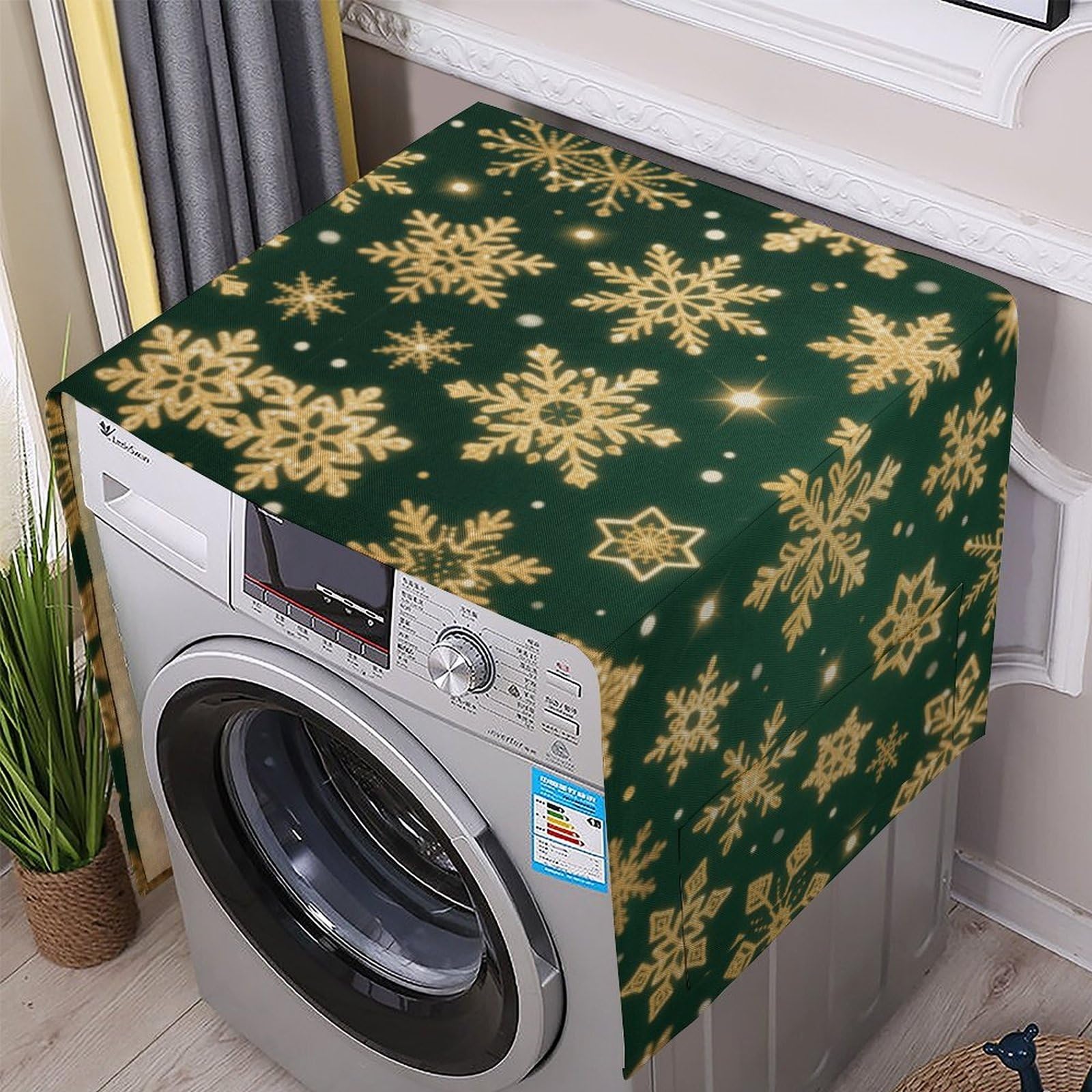 Fodpand White Washing Machine Cover For Top Load Dustproof Christmas Snowflakes Washer And Dryer Cover With Storage Pockets Household Appliance Covers Washable Top Protector Mat Pad For Laundry & Kitchen
