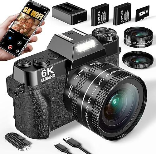 Cámara digital 6K para fotografía, cámara de vlogging de 64MP para YouTube con pantalla abatible de 180 de 3 pulgadas, zoom automático de 16X,