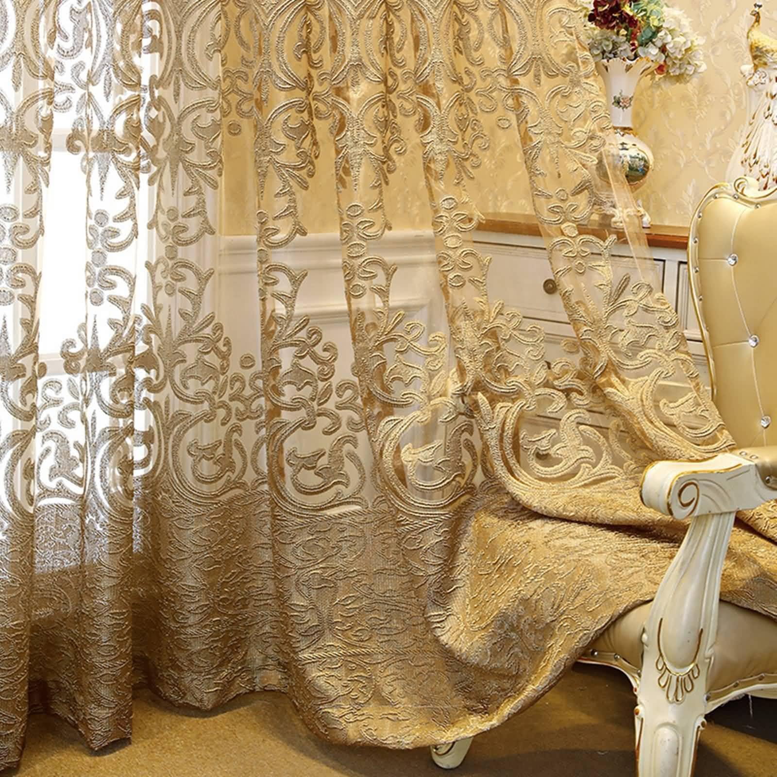 Daesar Gold Vorhänge mit Ösen 2er Set, Vorhänge Lichtdurchlässig 132x244CM Nordisch Jacquard Gardinen Halbtransparent Schlafzimmer Wohnzimmer Küche